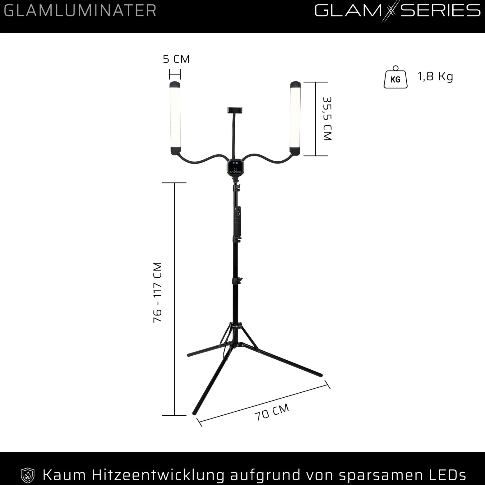 GlamSeries GlamLuminater LED Leuchte, Beleuchtung mit 2 flexiblen Armen, stufenlose Farbtemperatur, Lampe mit Fernbedienung, Schminklicht für Make-Up Artists