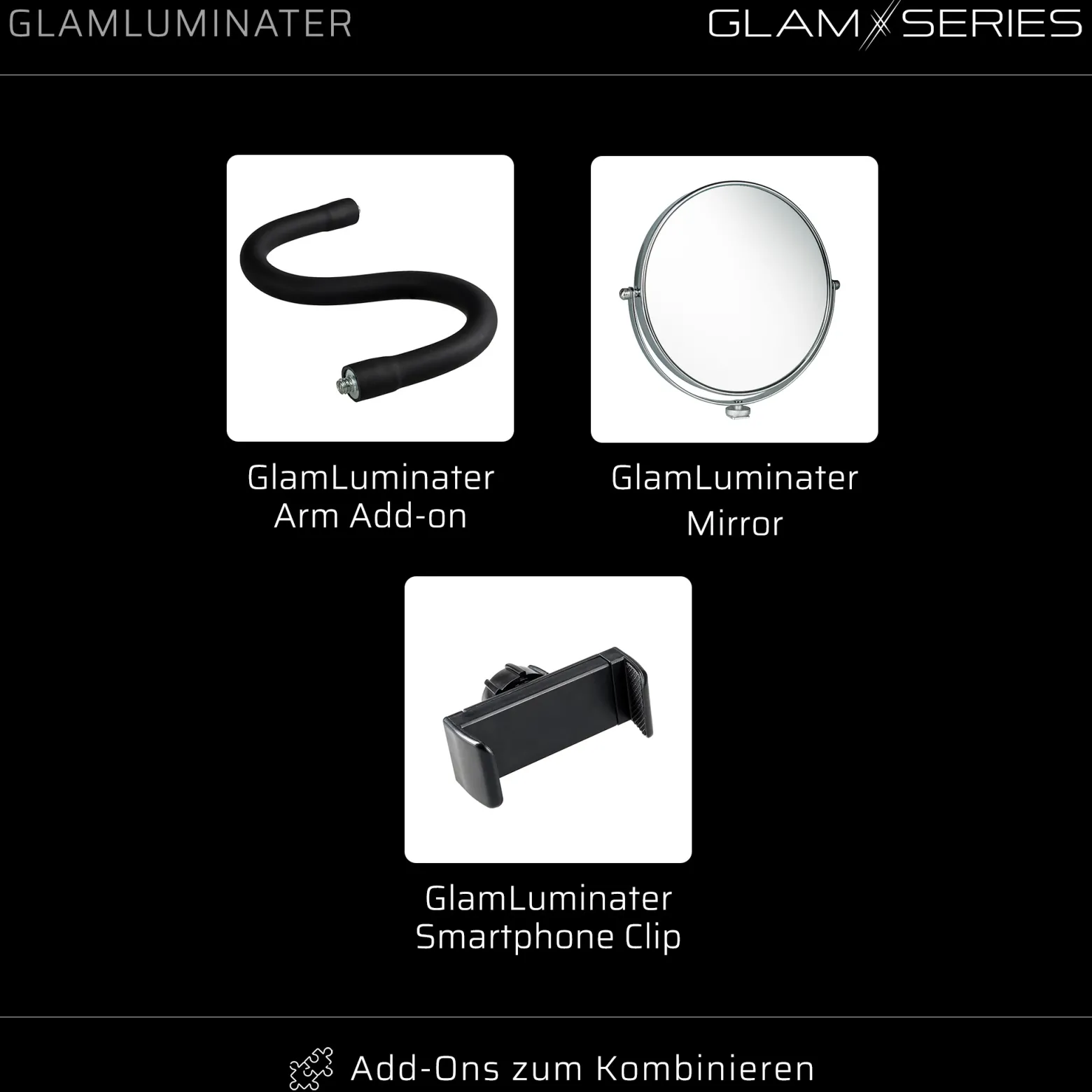 GlamSeries GlamLuminater LED Leuchte, Beleuchtung mit 2 flexiblen Armen, stufenlose Farbtemperatur, Lampe mit Fernbedienung, Schminklicht für Make-Up Artists