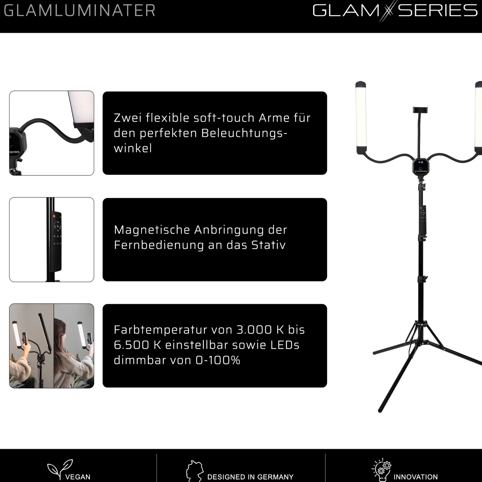 GlamSeries GlamLuminater LED Leuchte, Beleuchtung mit 2 flexiblen Armen, stufenlose Farbtemperatur, Lampe mit Fernbedienung, Schminklicht für Make-Up Artists