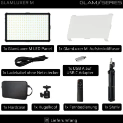 GlamSeries GlamLuxer M LED-Panel, stufenlos dimmbare Beleuchtung 3200-5600 K, LED-Leuchte mit Tischstativ, Diffusor, Kugelkopf, Make-Up Light 8 h Laufzeit