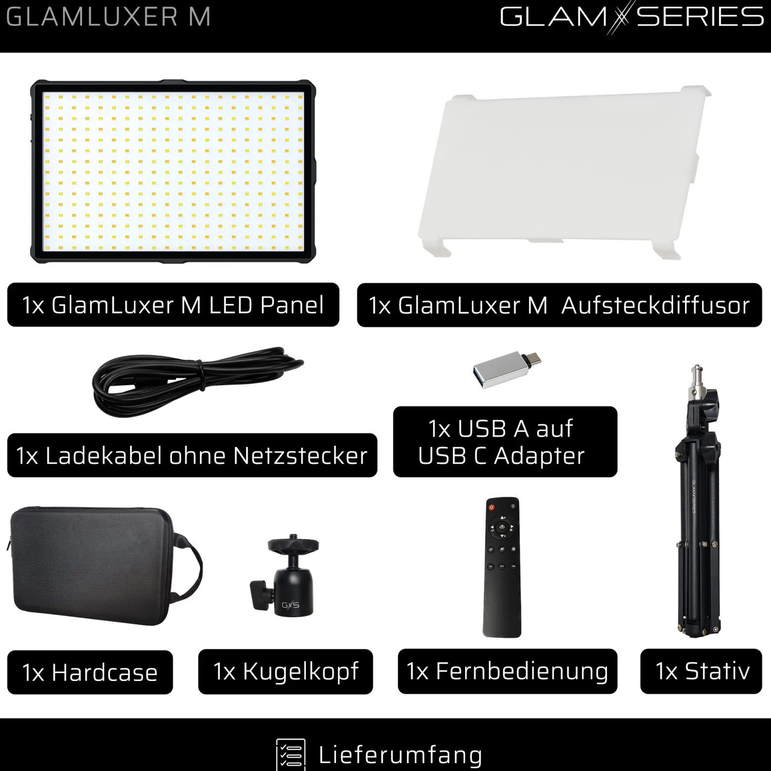 GlamSeries GlamLuxer M LED-Panel, stufenlos dimmbare Beleuchtung 3200-5600 K, LED-Leuchte mit Tischstativ, Diffusor, Kugelkopf, Make-Up Light 8 h Laufzeit