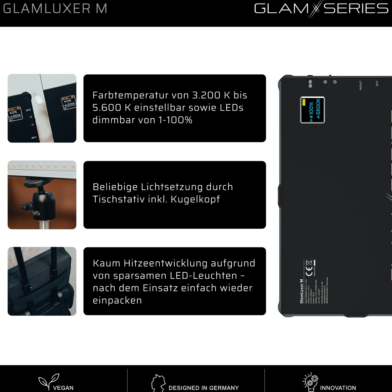 GlamSeries GlamLuxer M LED-Panel, stufenlos dimmbare Beleuchtung 3200-5600 K, LED-Leuchte mit Tischstativ, Diffusor, Kugelkopf, Make-Up Light 8 h Laufzeit