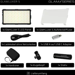 GlamSeries GlamLuxer S LED-Panel, stufenlos dimmbare Beleuchtung 3200-5600 K, LED-Leuchte mit Tischstativ, Diffusor, Kugelkopf, Make-Up Light 8 h Laufzeit