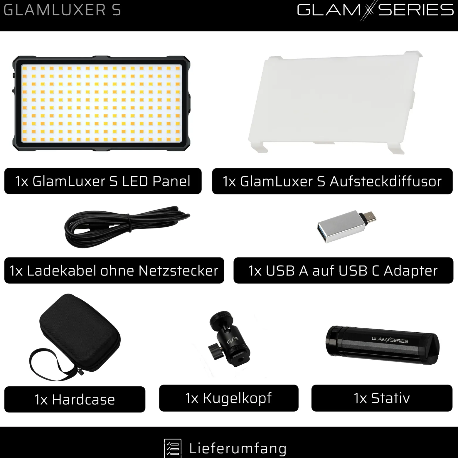 GlamSeries GlamLuxer S LED-Panel, stufenlos dimmbare Beleuchtung 3200-5600 K, LED-Leuchte mit Tischstativ, Diffusor, Kugelkopf, Make-Up Light 8 h Laufzeit