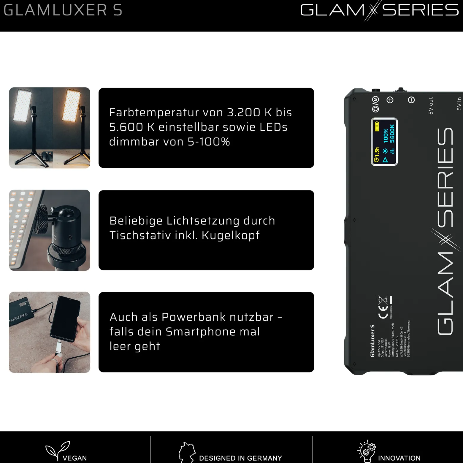 GlamSeries GlamLuxer S LED-Panel, stufenlos dimmbare Beleuchtung 3200-5600 K, LED-Leuchte mit Tischstativ, Diffusor, Kugelkopf, Make-Up Light 8 h Laufzeit