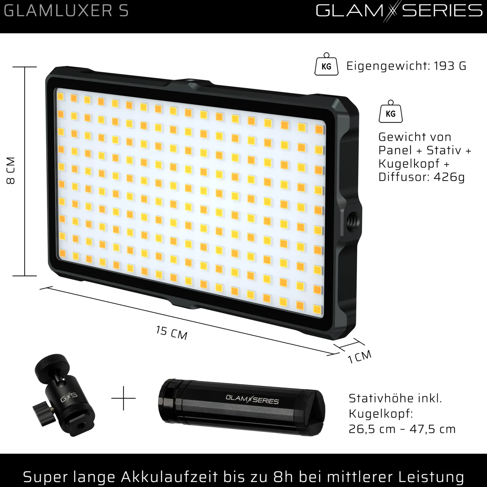 GlamSeries GlamLuxer S LED-Panel, stufenlos dimmbare Beleuchtung 3200-5600 K, LED-Leuchte mit Tischstativ, Diffusor, Kugelkopf, Make-Up Light 8 h Laufzeit