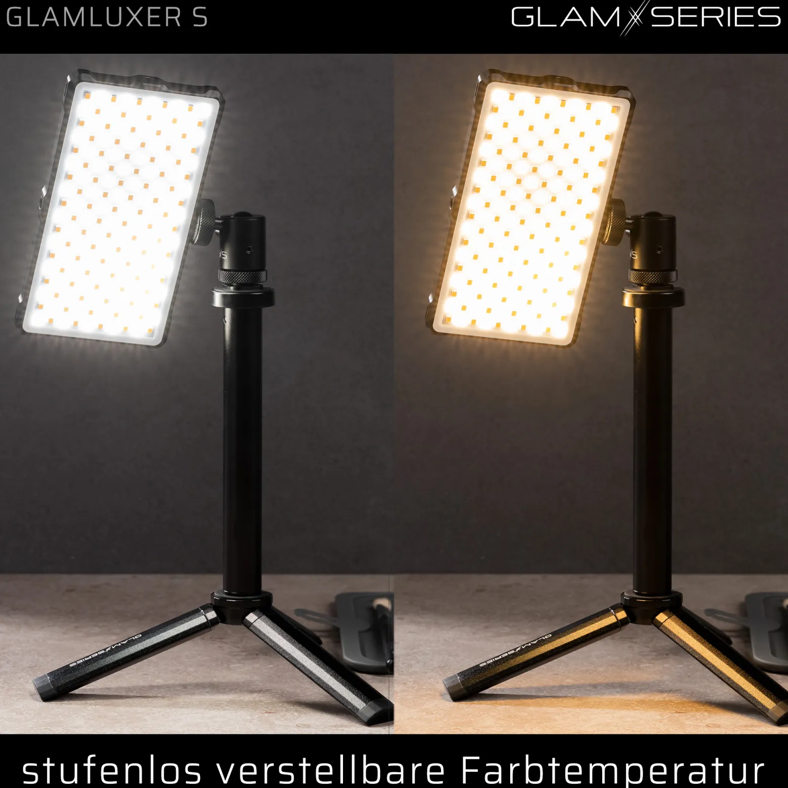 GlamSeries GlamLuxer S LED-Panel, stufenlos dimmbare Beleuchtung 3200-5600 K, LED-Leuchte mit Tischstativ, Diffusor, Kugelkopf, Make-Up Light 8 h Laufzeit