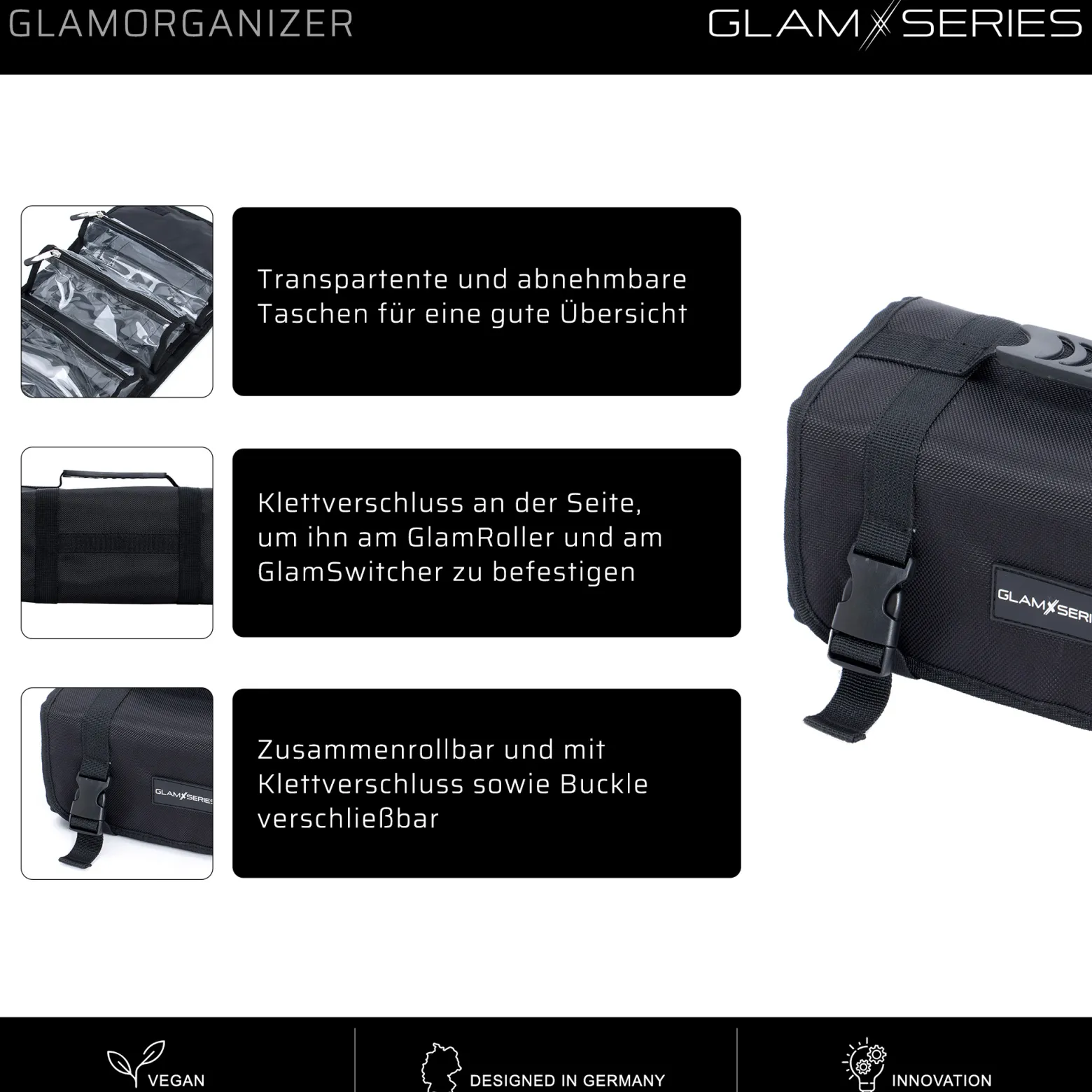 GlamSeries GlamOrganizer Kosmetiktasche 230 x 120 x 180 mm einrollbar, Make up Organizer mit 4 transparenten Inlays