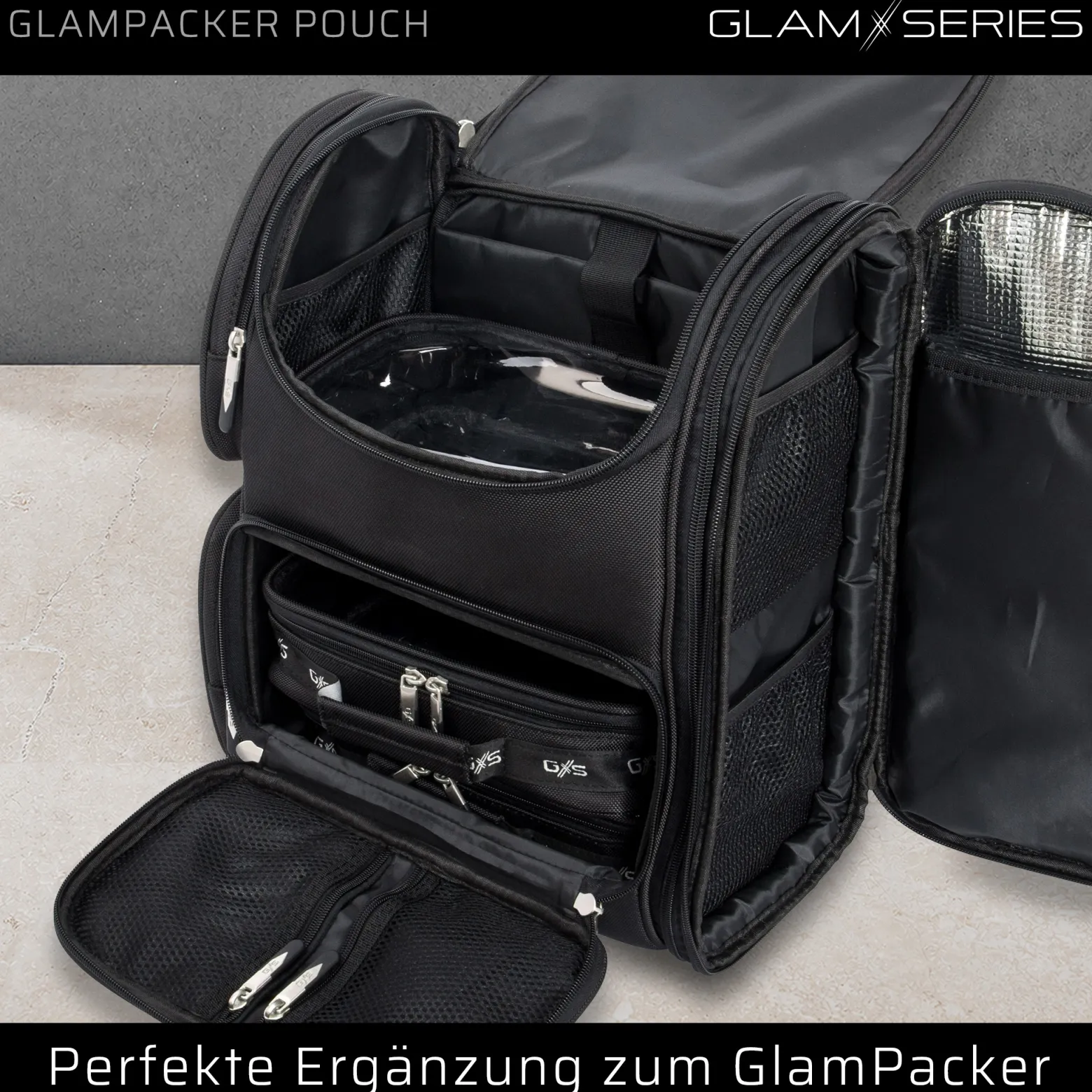 GlamSeries GlamPacker Pouch Taschen Inlay 270 x 165 x 75 mm, PVC-beschichtete Make Up Tasche mit transparentem Deckel