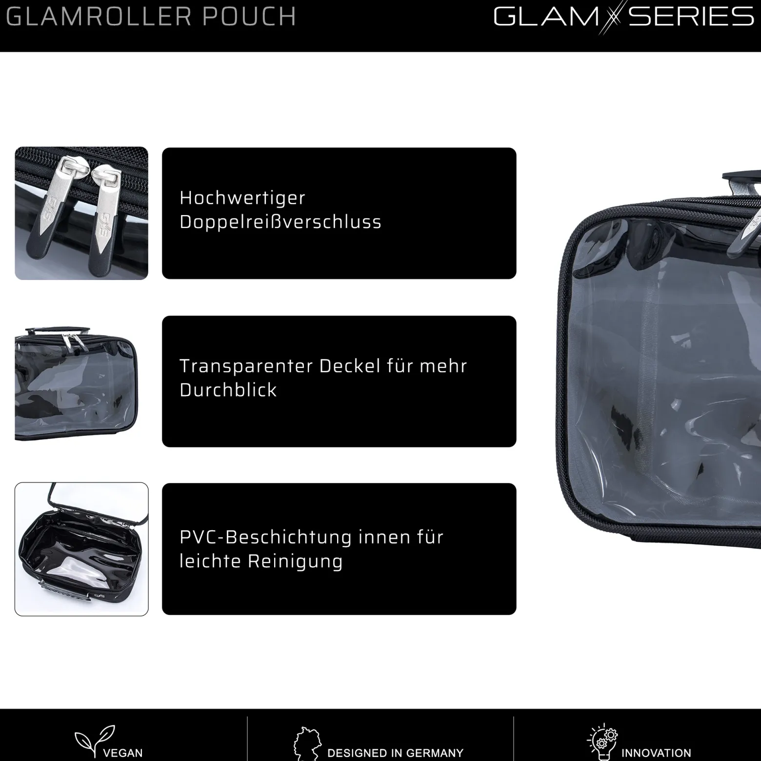 GlamSeries GlamRoller Pouch Taschen Inlay 300 x 175 x 85 mm, PVC-beschichtete Make Up Tasche mit transparentem Deckel