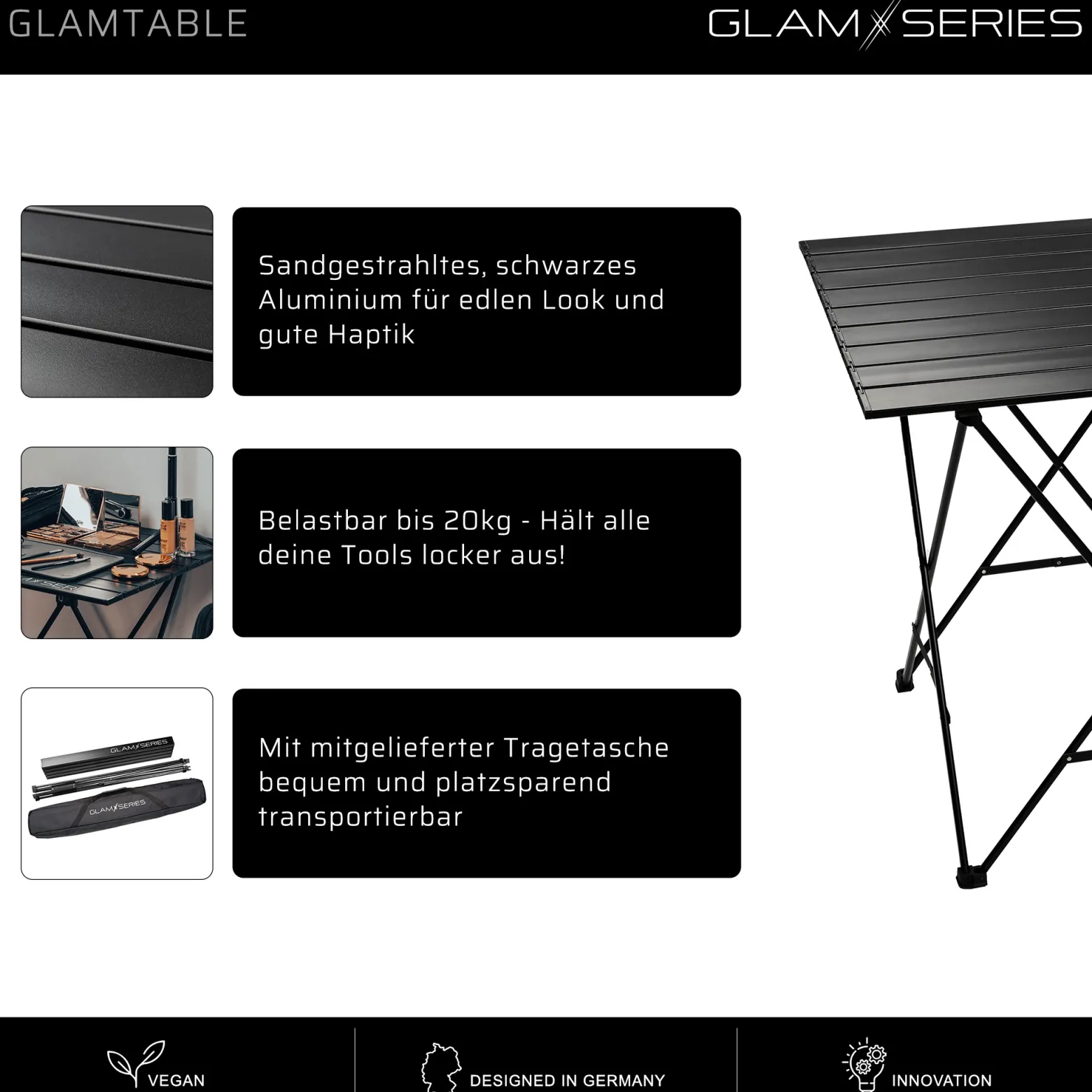 GlamSeries GlamTable Schminktisch klappbar, Frisiertisch bis 20 kg, Make Up Tisch mit Transporttasche, Kosmetiktisch für Visagisten, Friseure, Tättowierer