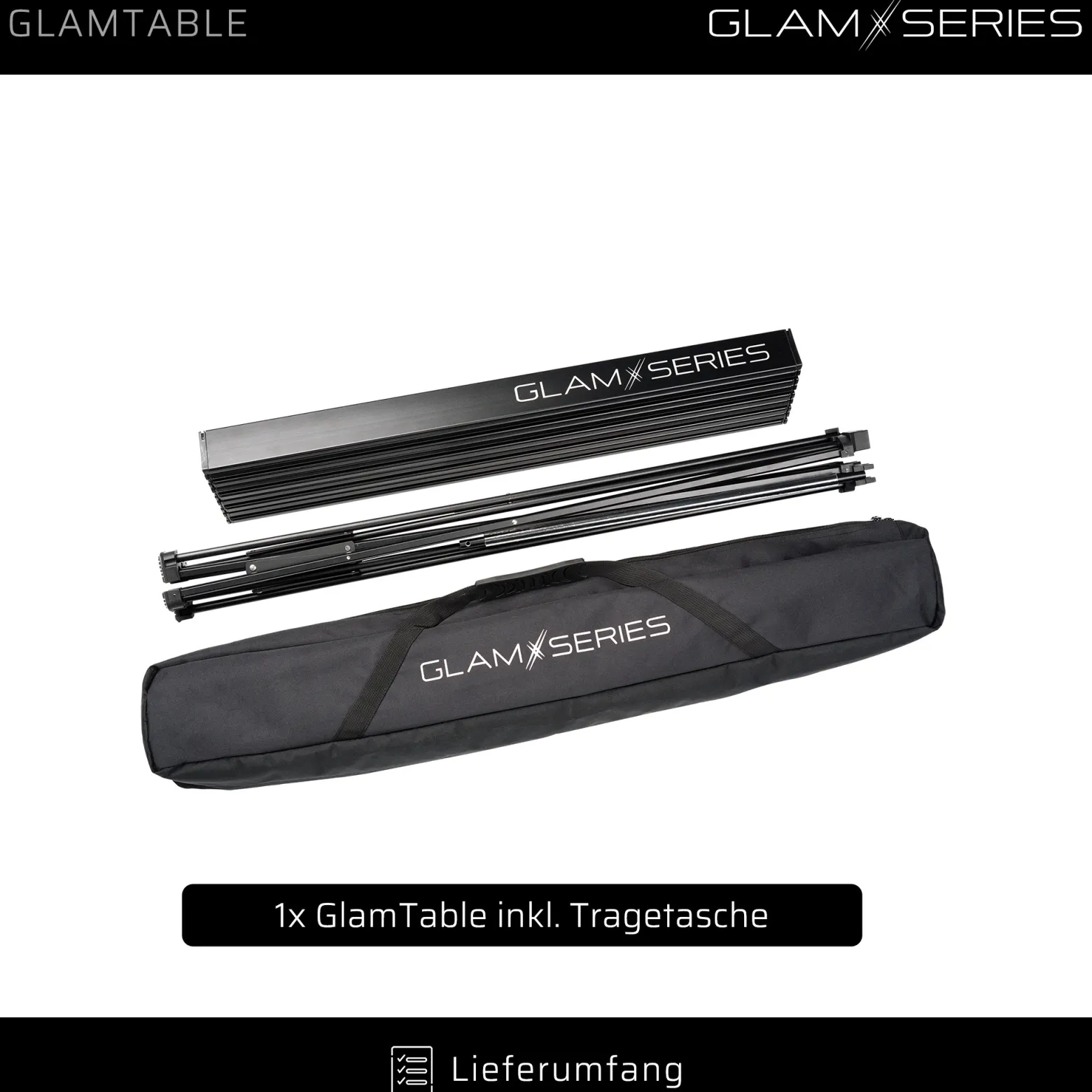 GlamSeries GlamTable Schminktisch klappbar, Frisiertisch bis 20 kg, Make Up Tisch mit Transporttasche, Kosmetiktisch für Visagisten, Friseure, Tättowierer
