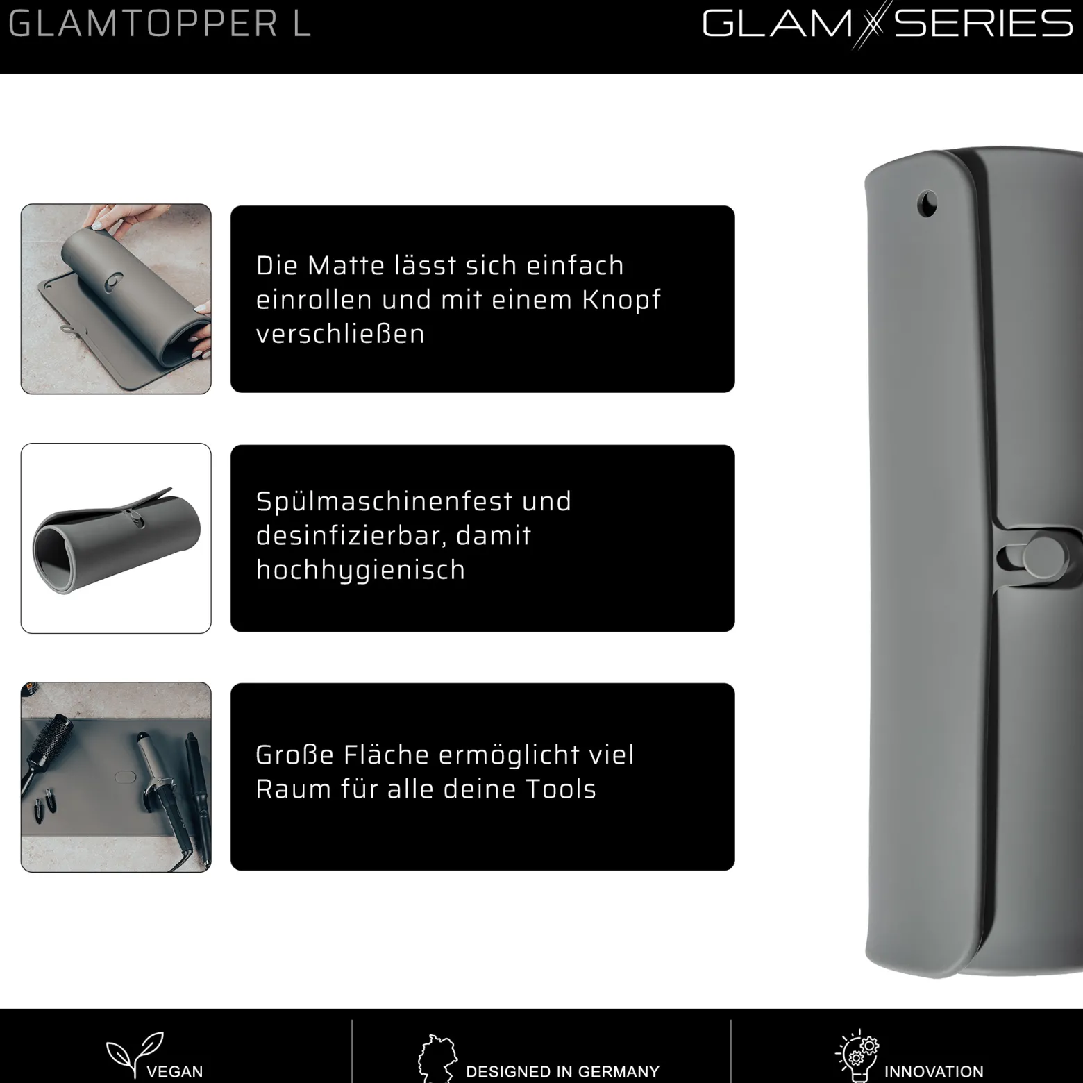 GlamSeries GlamTopper L hitzebeständige Silikonmatte 30 x 55 x 0,5 cm für Make up und Hot Tools wie Glätteisen