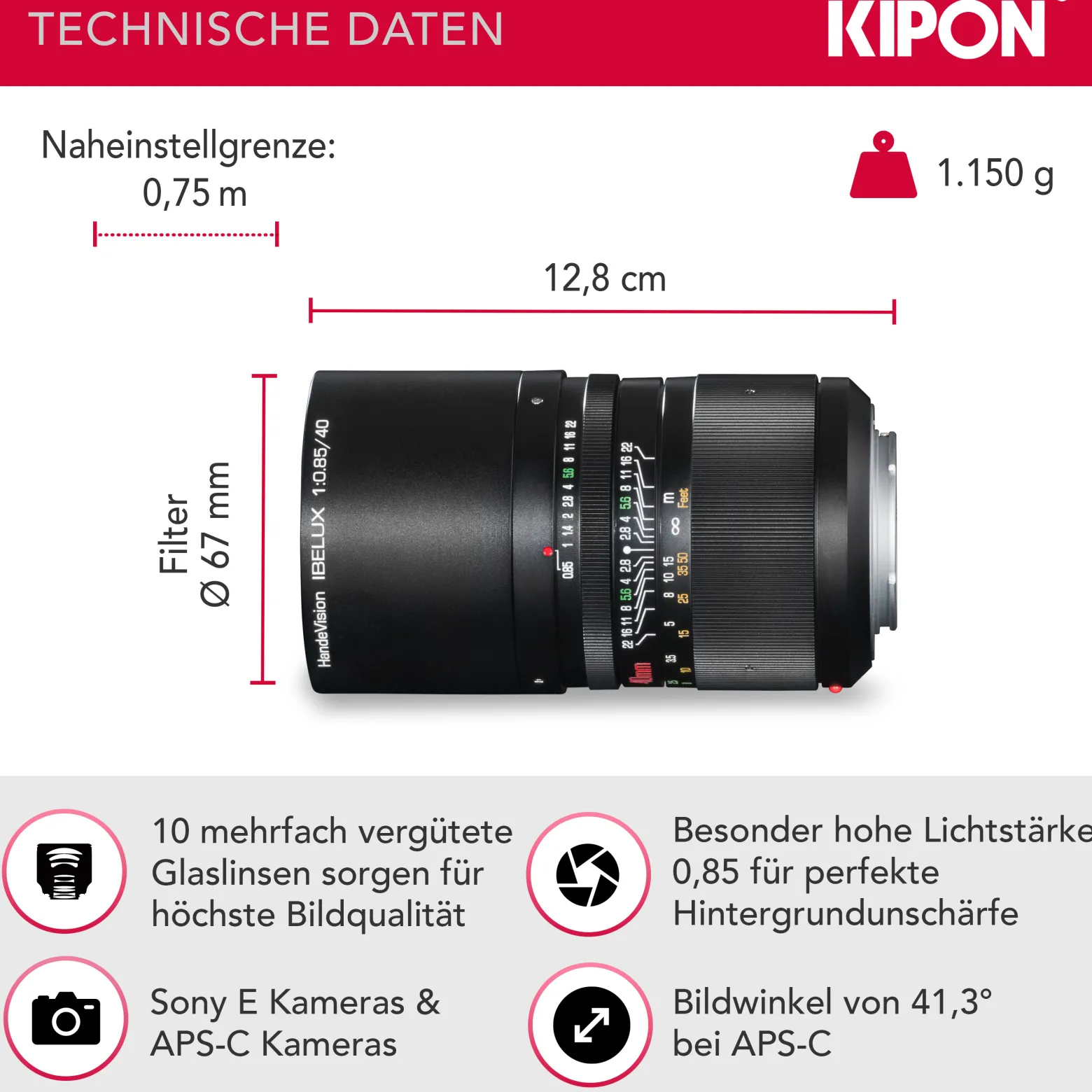 Handevision Ibelux Serienobjektiv 40 mm f/0.85 APS-C – kompatibel mit Sony E – Foto Objektiv, extrem lichtstark, ideal für Portraits & Low-Light, Ganzmetallgehäuse, integrierte Sonnenblende – Schwarz