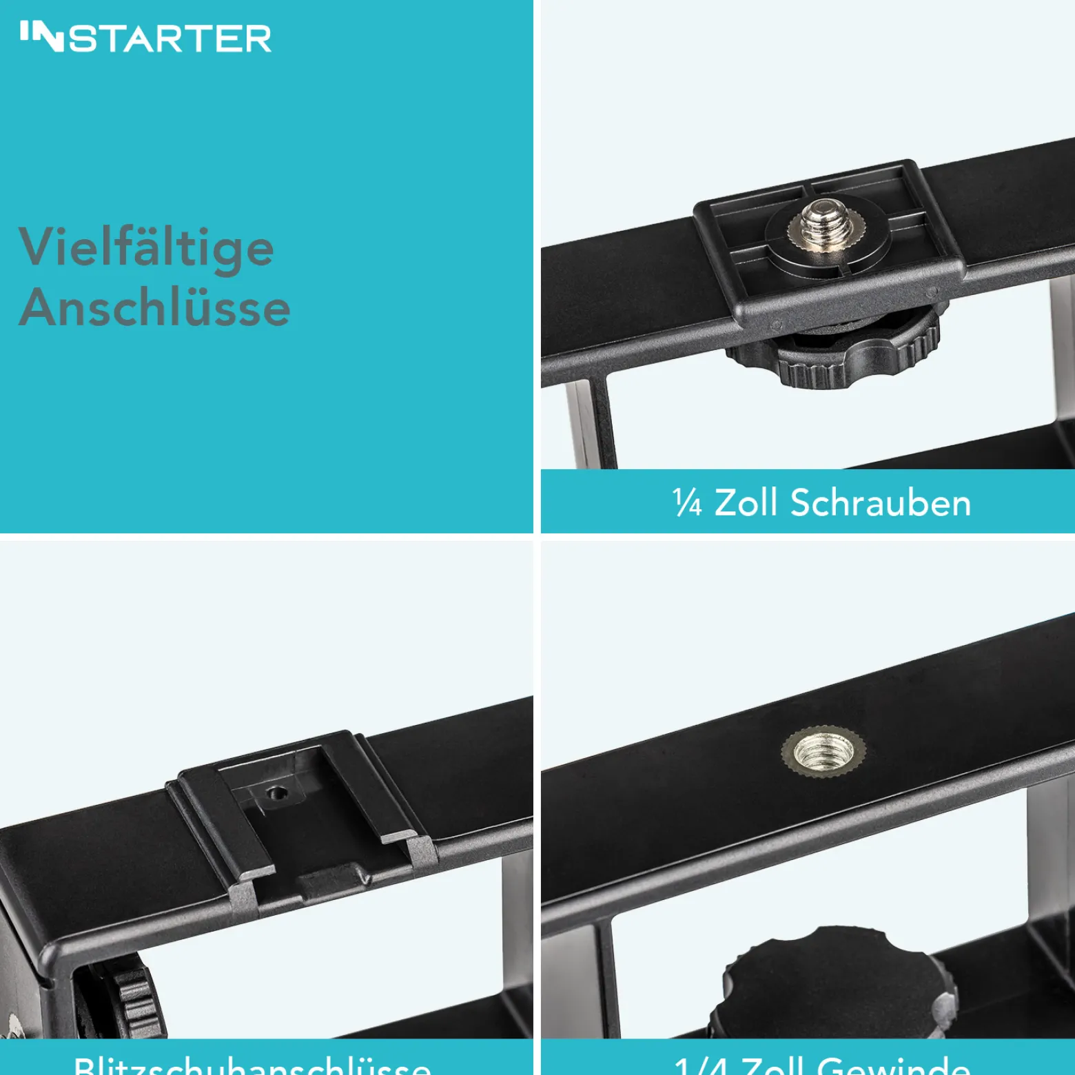 Instarter All Star Bracket Halterungsschiene - 203 x 80 x 25 mm / 3 kg max. - mit 6 Gewinden, 3 Schrauben, 2 Blitzschuhen - für Kamera, LED Licht, Handy, Mikrofon an Stativ/Kamera