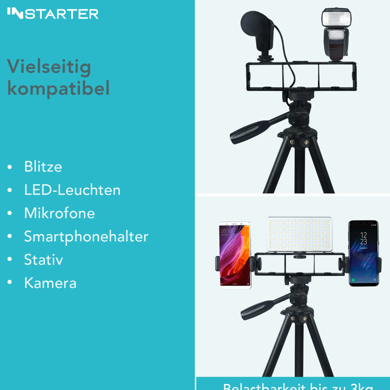 Instarter All Star Bracket Halterungsschiene - 203 x 80 x 25 mm / 3 kg max. - mit 6 Gewinden, 3 Schrauben, 2 Blitzschuhen - für Kamera, LED Licht, Handy, Mikrofon an Stativ/Kamera