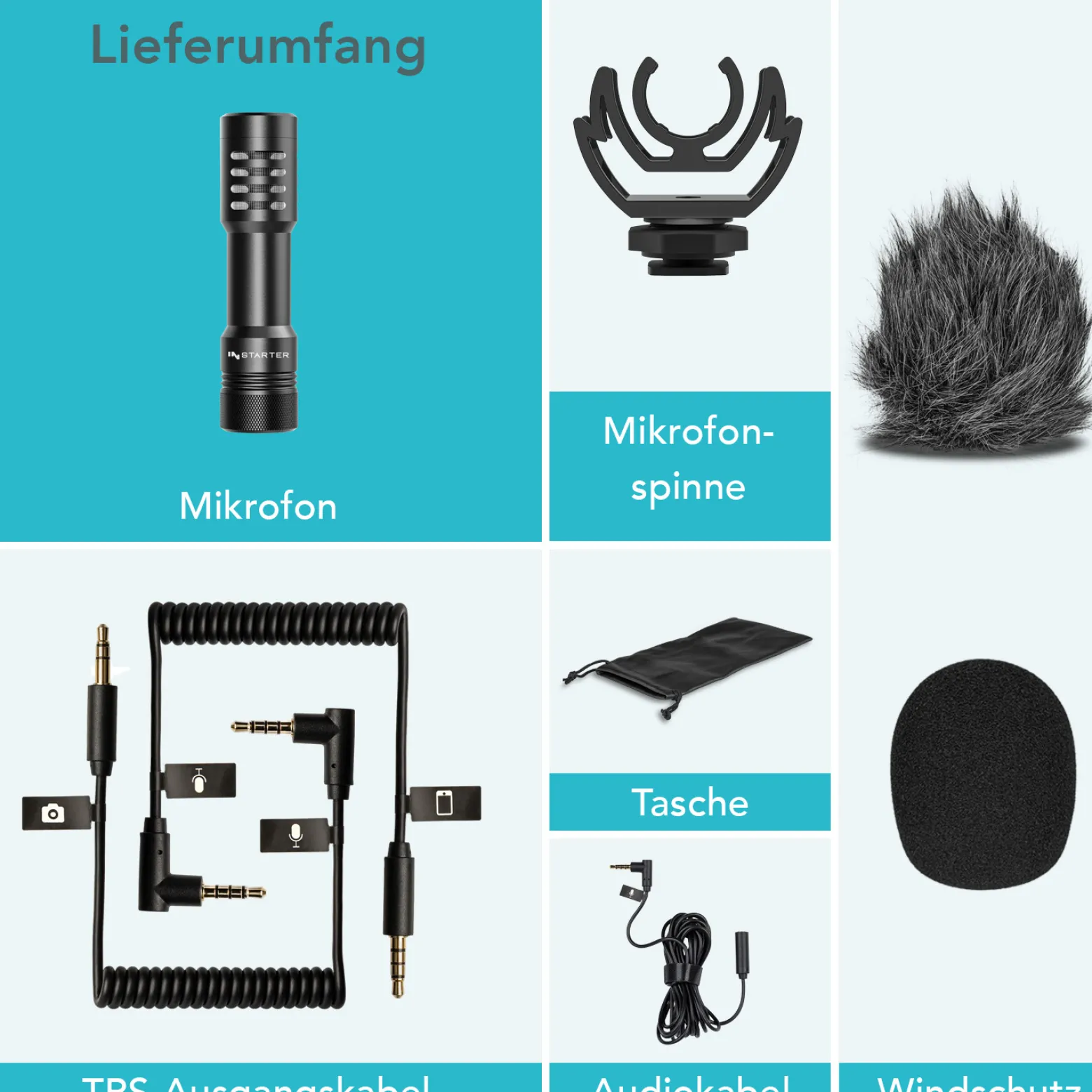 Instarter Cardioid Kamera Mikro - 95 x 20 x 24 mm - 3,5 mm / TRRS / TRS - batterielos - mit Windschutz - externes kompaktes DSLR Videomikrofon Smartphone Richtrohrmikrofon