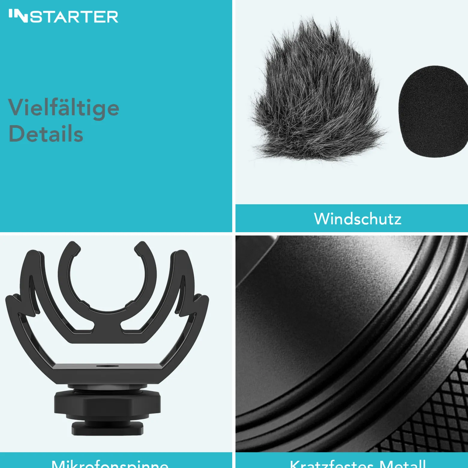 Instarter Cardioid Kamera Mikro - 95 x 20 x 24 mm - 3,5 mm / TRRS / TRS - batterielos - mit Windschutz - externes kompaktes DSLR Videomikrofon Smartphone Richtrohrmikrofon