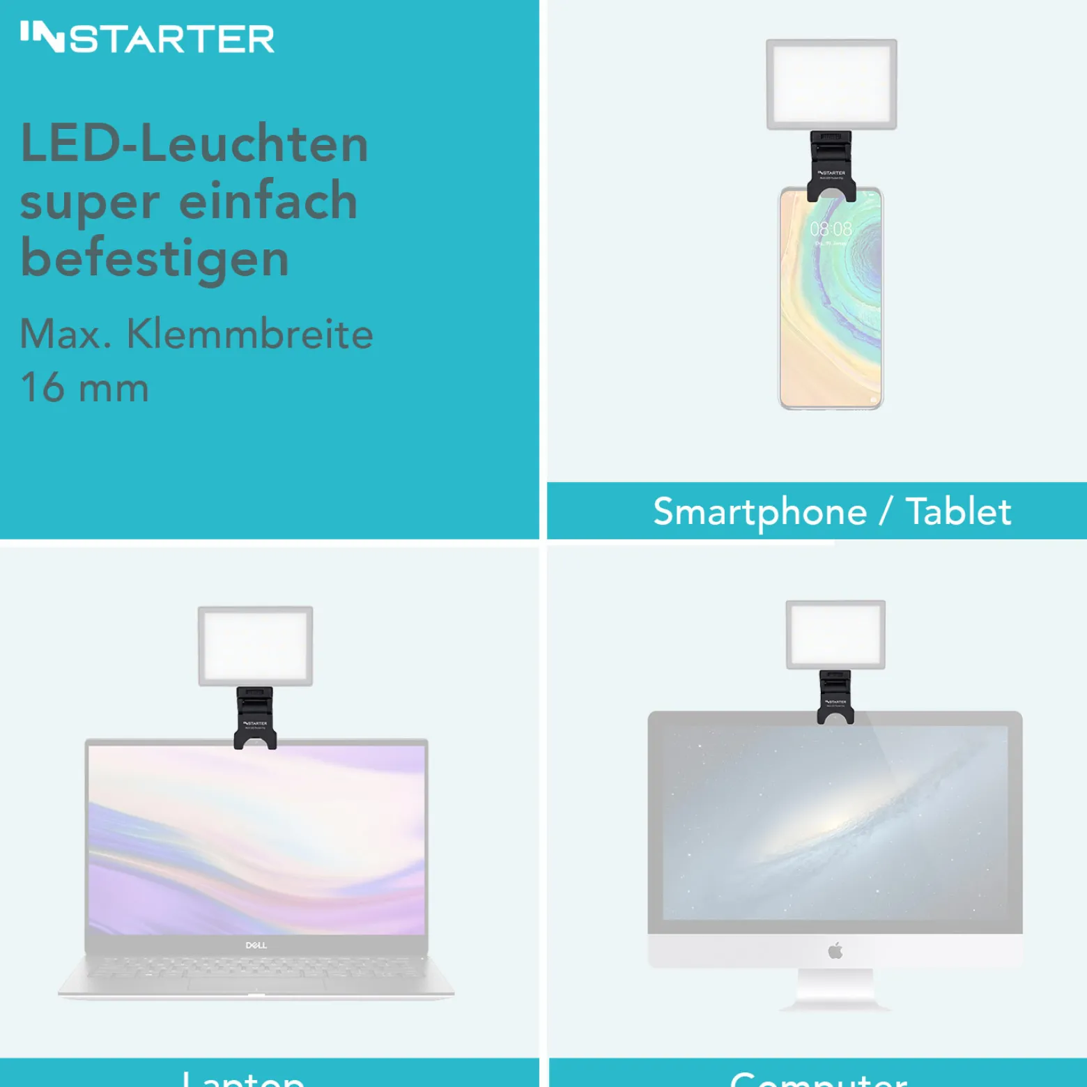 Instarter Feder-Klemmhalterung mit 1/4 Zoll Schraubgewinde zur Befestigung von LED-Leuchten, Kamera Blitz Halterung bis max 350g, Adapter, Klemmstativ Blitzschiene, Max. Klemmbreite 16 mm