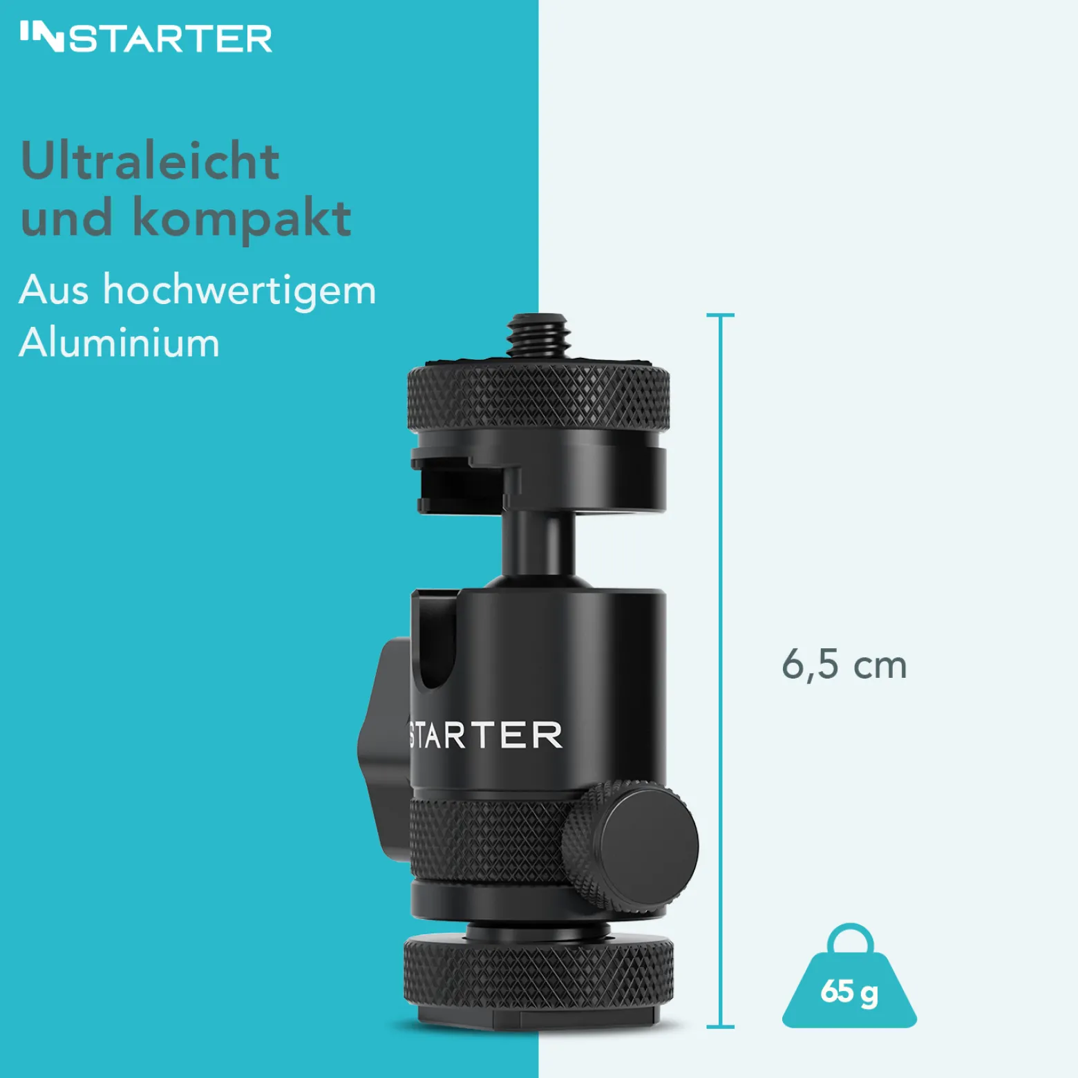 Instarter FlexMount Head Plus Kugelkopf 2-in-1 mit Blitzschuh, Stativkopf für 1/4" und 3/8" Anschluss, 180° schwenkbar zur Winkelanpassung, hochwertiges Kamera Zubehör aus Aluminium