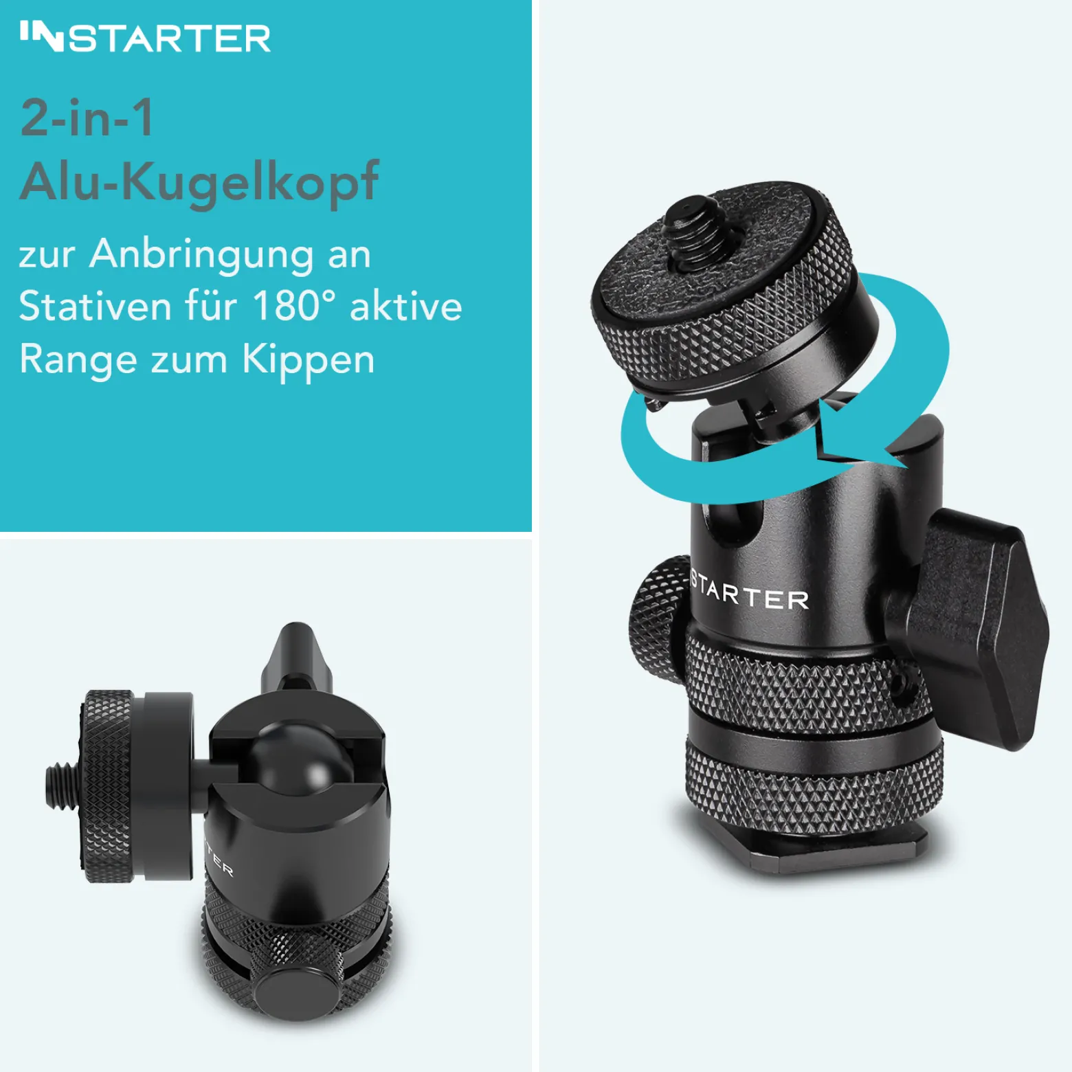 Instarter FlexMount Head Plus Kugelkopf 2-in-1 mit Blitzschuh, Stativkopf für 1/4" und 3/8" Anschluss, 180° schwenkbar zur Winkelanpassung, hochwertiges Kamera Zubehör aus Aluminium