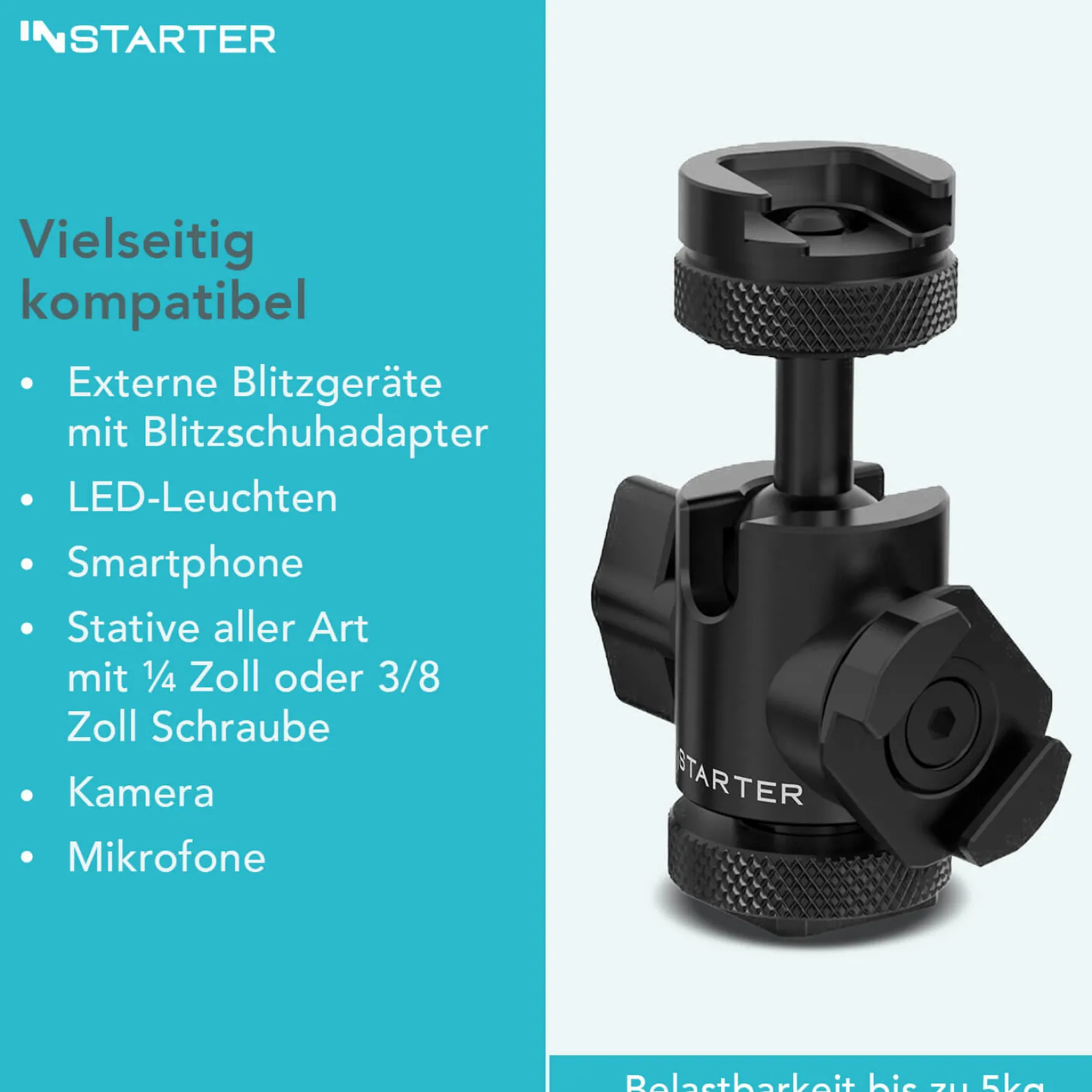 Instarter FlexMount Head Plus Kugelkopf 3-in-1 mit 2x Blitzschuh, Stativkopf für 1/4" und 3/8" Anschluss, 180° schwenkbar zur Winkelanpassung, hochwertiges Kamera Zubehör aus Aluminium