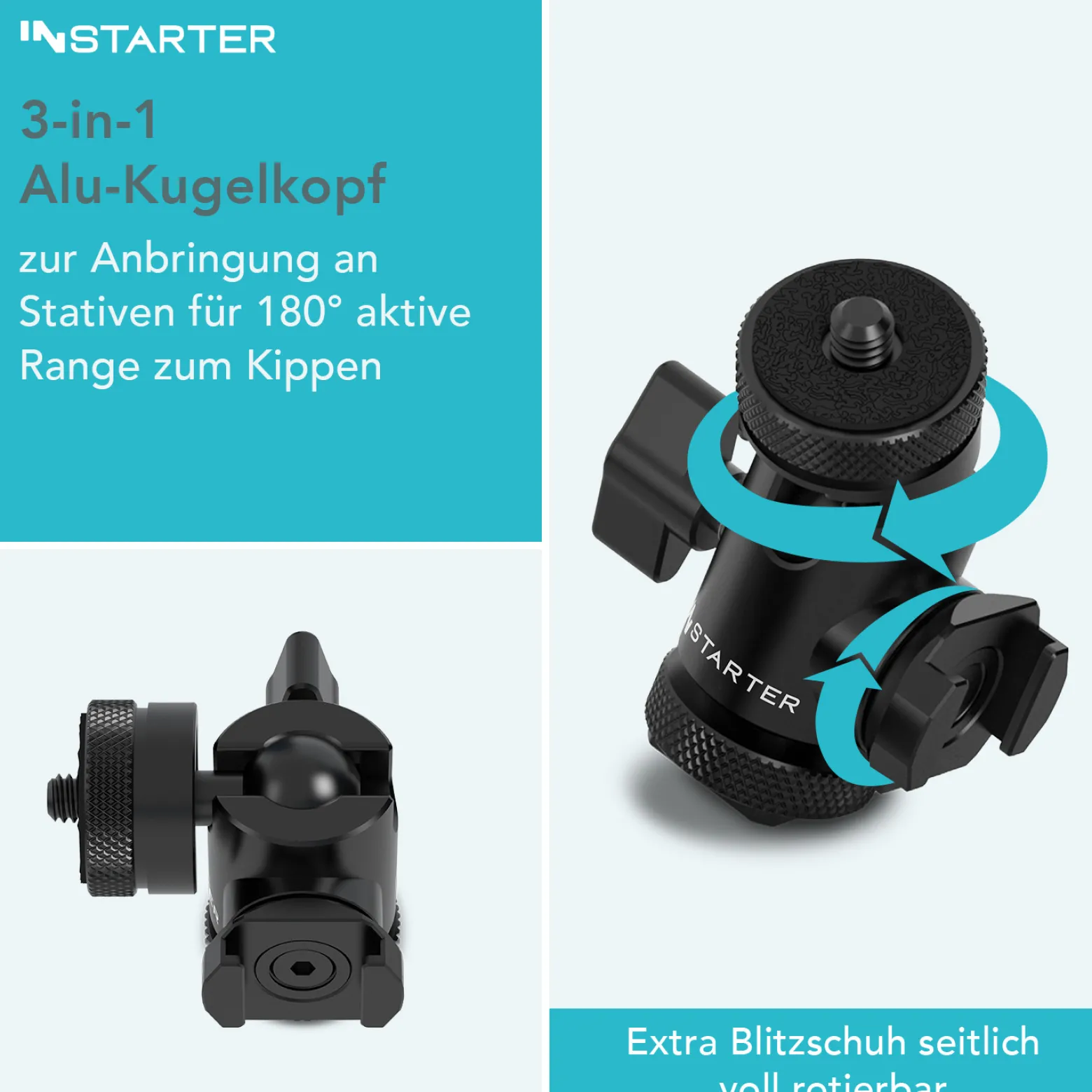 Instarter FlexMount Head Plus Kugelkopf 3-in-1 mit 2x Blitzschuh, Stativkopf für 1/4" und 3/8" Anschluss, 180° schwenkbar zur Winkelanpassung, hochwertiges Kamera Zubehör aus Aluminium