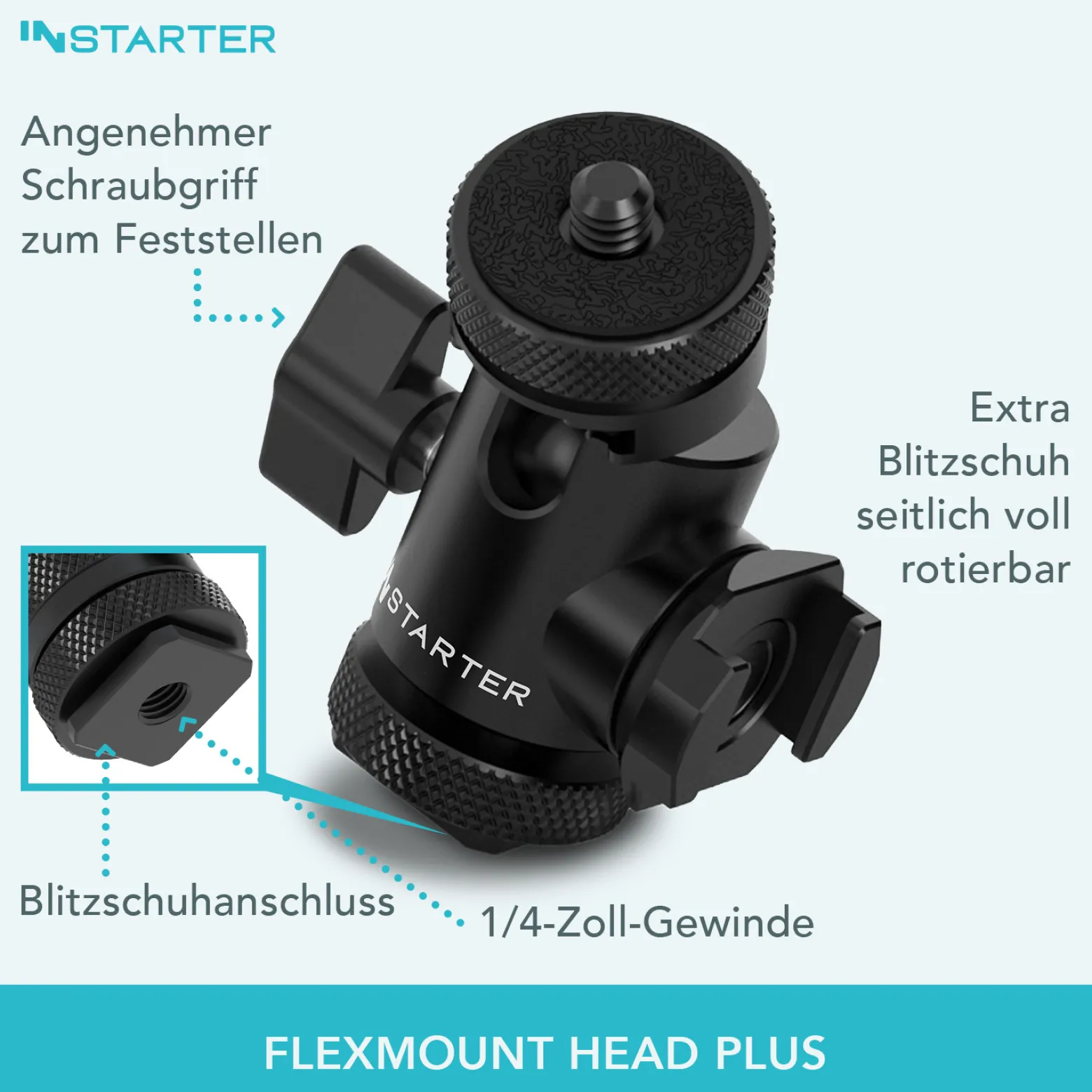 Instarter FlexMount Head Plus Kugelkopf 3-in-1 mit 2x Blitzschuh, Stativkopf für 1/4" und 3/8" Anschluss, 180° schwenkbar zur Winkelanpassung, hochwertiges Kamera Zubehör aus Aluminium