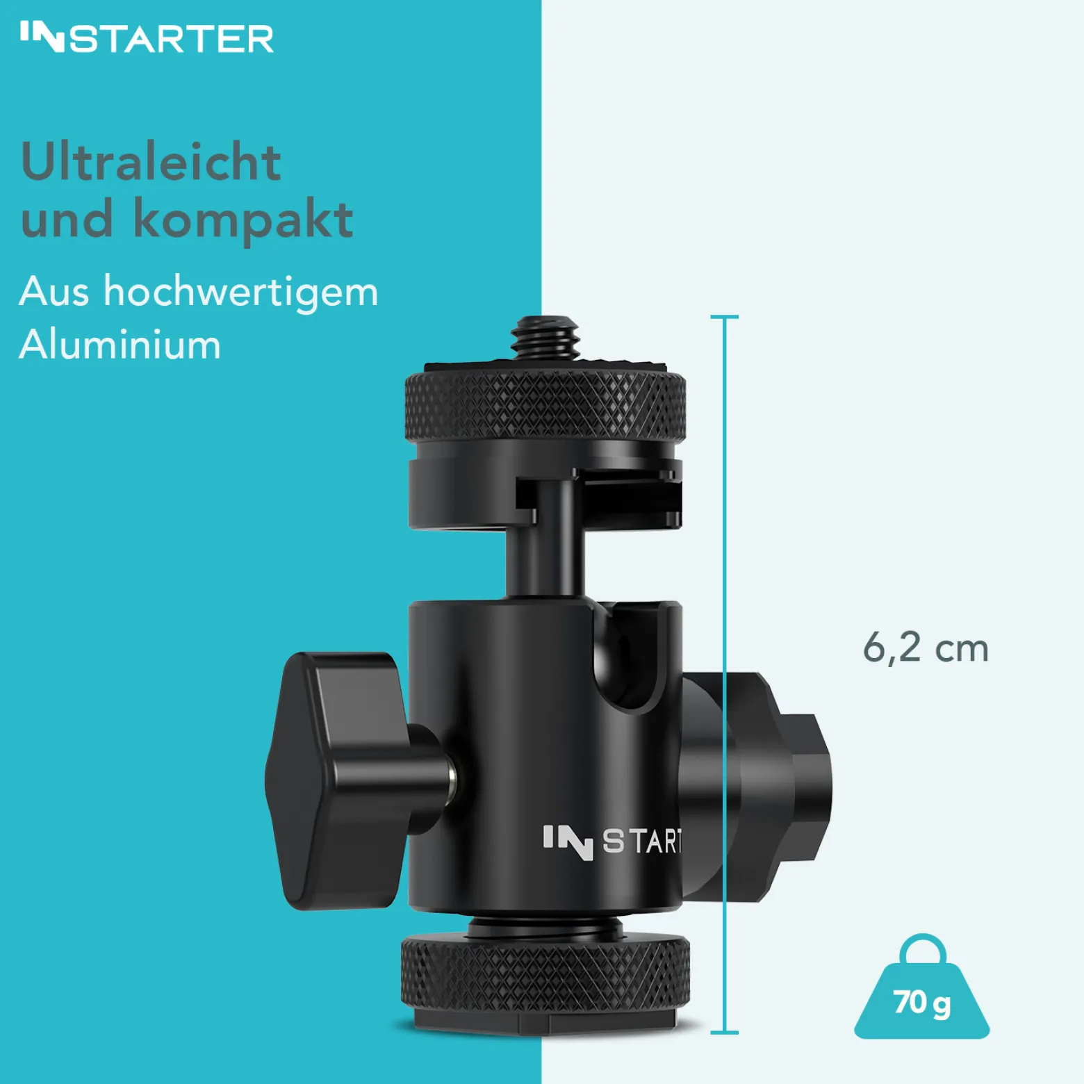 Instarter FlexMount Head Plus Kugelkopf 3-in-1 mit 2x Blitzschuh, Stativkopf für 1/4" und 3/8" Anschluss, 180° schwenkbar zur Winkelanpassung, hochwertiges Kamera Zubehör aus Aluminium
