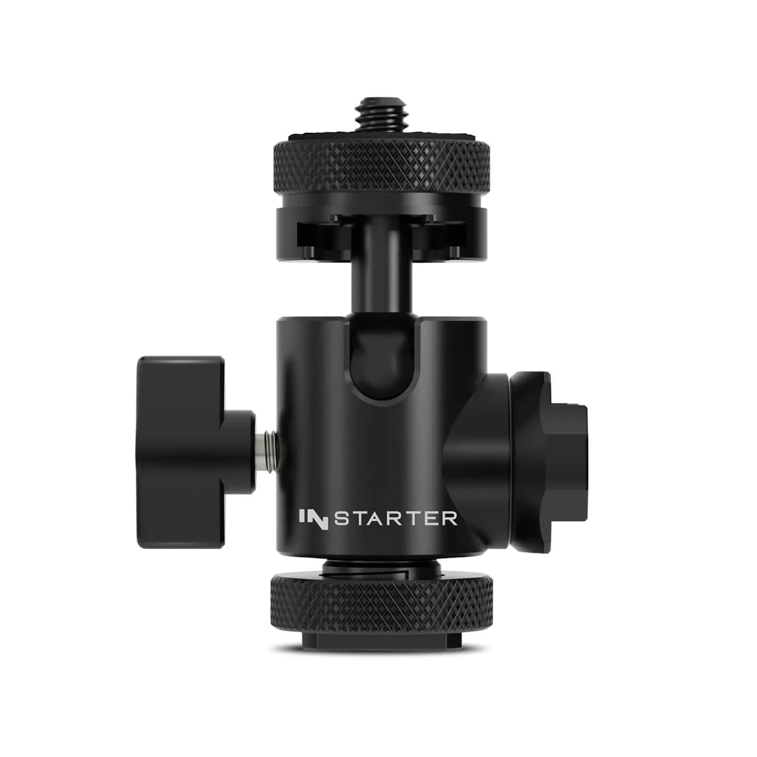 Instarter FlexMount Head Plus Kugelkopf 3-in-1 mit 2x Blitzschuh, Stativkopf für 1/4" und 3/8" Anschluss, 180° schwenkbar zur Winkelanpassung, hochwertiges Kamera Zubehör aus Aluminium