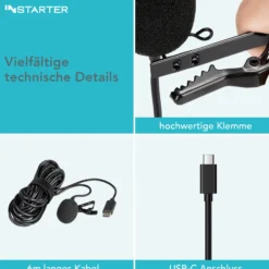 Instarter Lavalier Loop Clip Ansteckmikrofon - 360 Grad Klangaufnahme - mit USB-C Anschluss, 6 m Kabel, Windschutz, Tasche, Klemme - klarer Sound - für Kamera, Smartphone, Tablet, PC