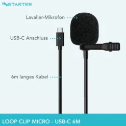 Instarter Lavalier Loop Clip Ansteckmikrofon - 360 Grad Klangaufnahme - mit USB-C Anschluss, 6 m Kabel, Windschutz, Tasche, Klemme - klarer Sound - für Kamera, Smartphone, Tablet, PC