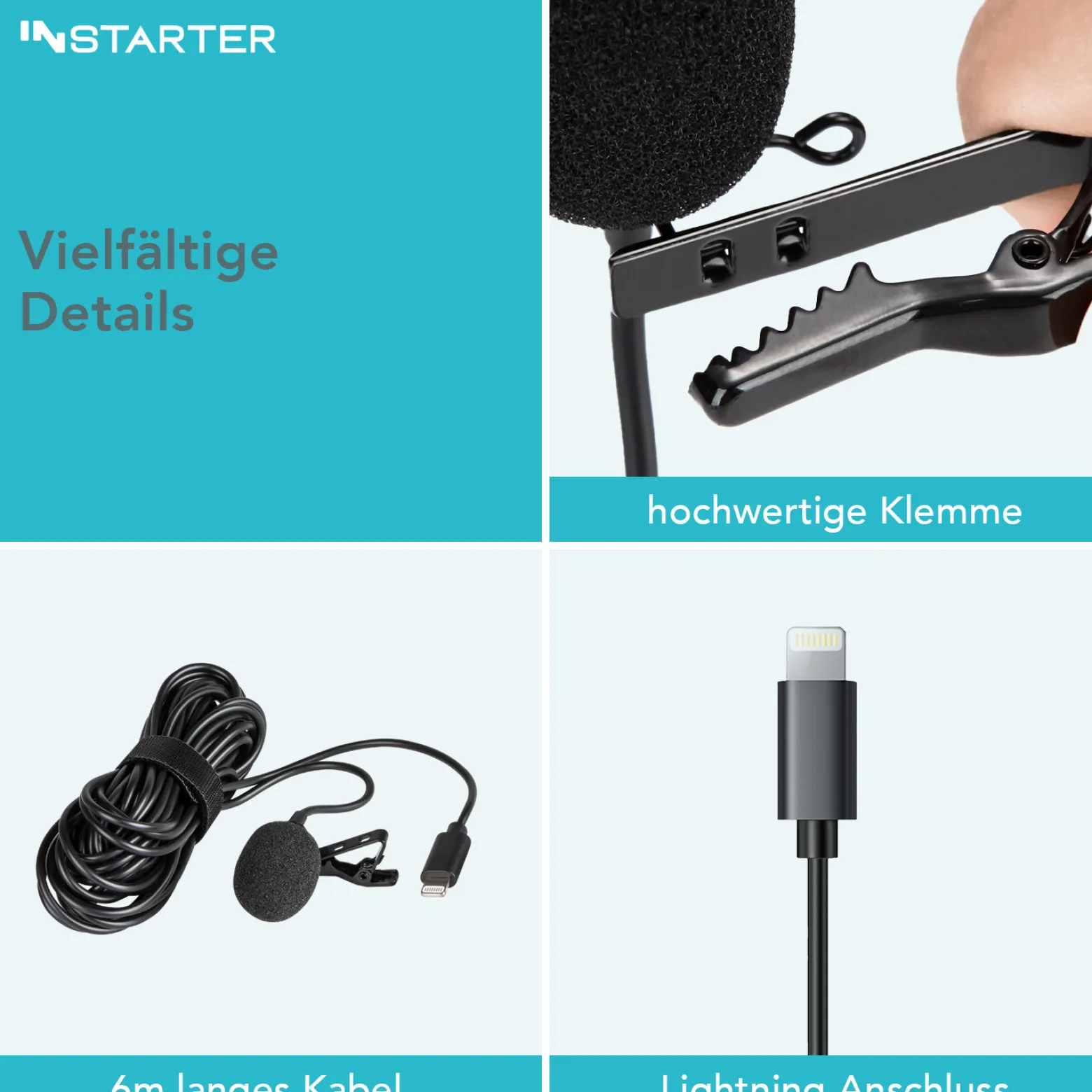 Instarter Lavalier Loop Clip Ansteckmikrofon - 360 Grad Klangaufnahme - mit Lightninganschluss, 6 m Kabel, Windschutz, Tasche, Klemme - klarer Sound - für Kamera, Smartphone, Tablet, PC