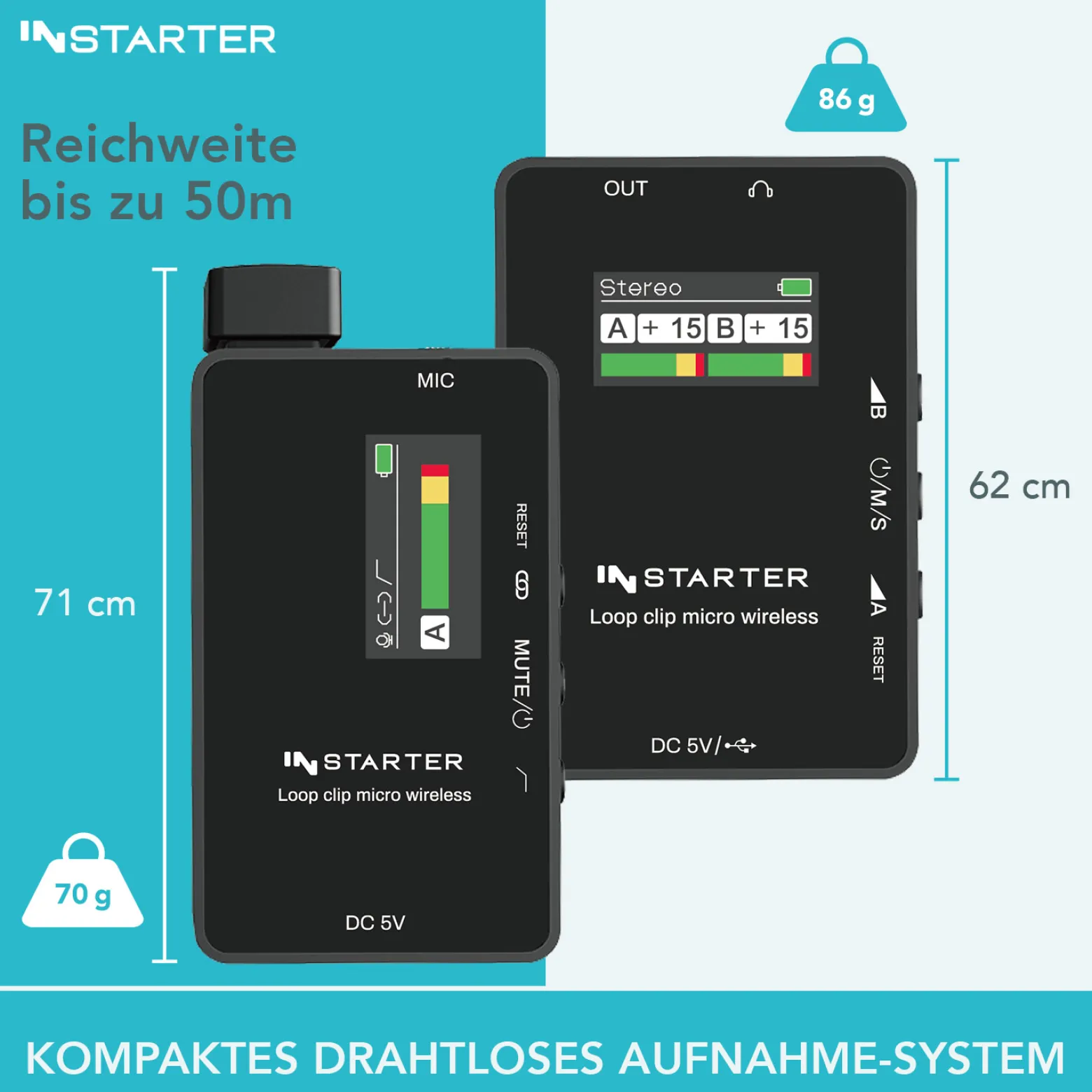Instarter Lavalier Wireless System Kit 3 - Kabellos für Handy, Tablet, PC - eingebautes Funkmikrofon, 2 Sender, 1 Empfänger, 50 m Reichweite - mit USB-C und 3,5 mm Anschluss