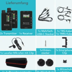 Instarter Lavalier Wireless System Kit 3 - Kabellos für Handy, Tablet, PC - eingebautes Funkmikrofon, 2 Sender, 1 Empfänger, 50 m Reichweite - mit USB-C und 3,5 mm Anschluss