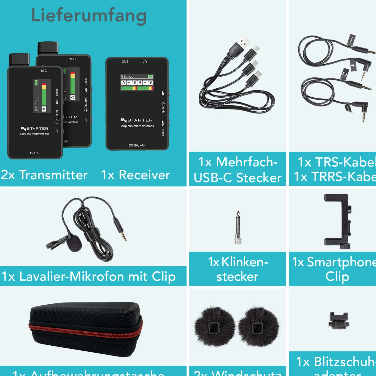 Instarter Lavalier Wireless System Kit 3 - Kabellos für Handy, Tablet, PC - eingebautes Funkmikrofon, 2 Sender, 1 Empfänger, 50 m Reichweite - mit USB-C und 3,5 mm Anschluss