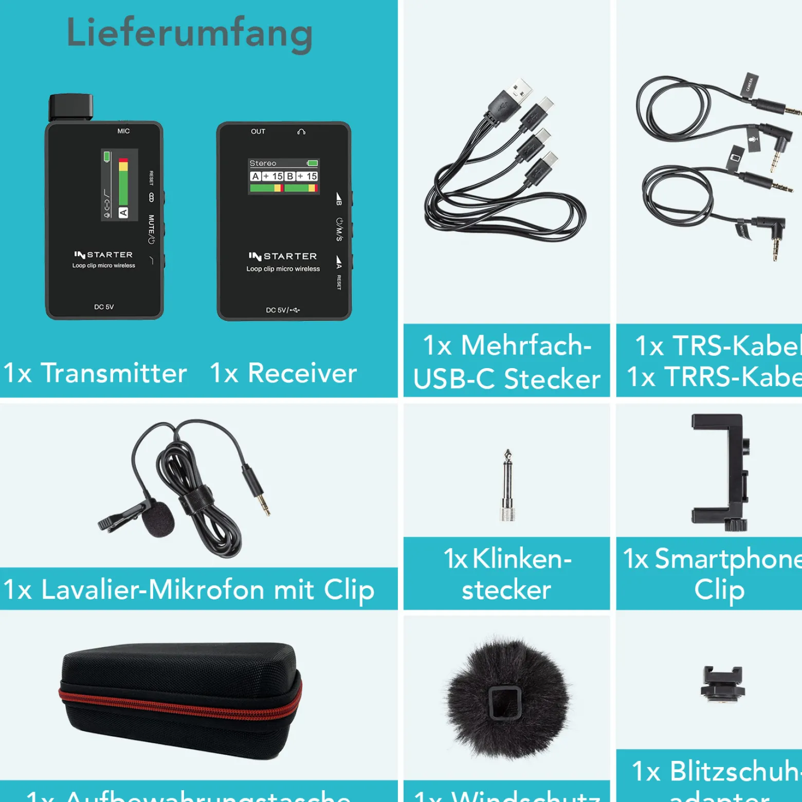 Instarter Lavalier Wireless System Kit 2 - Kabellos für Handy, Tablet, PC - eingebautes Funkmikrofon, 1 Sender, 1 Empfänger, 50 m Reichweite - mit USB-C und 3,5 mm Anschluss