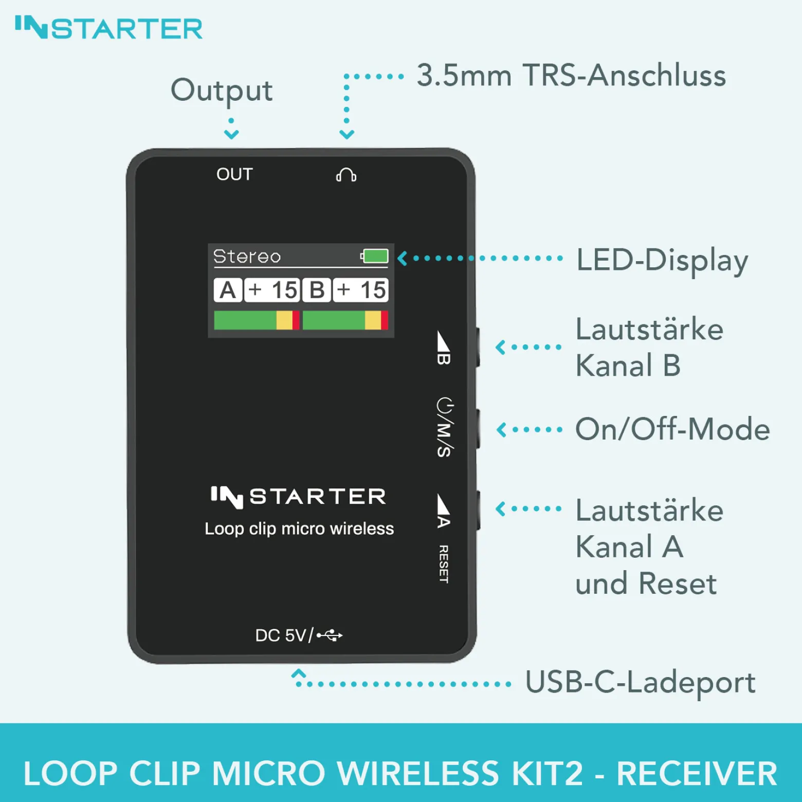 Instarter Lavalier Wireless System Kit 2 - Kabellos für Handy, Tablet, PC - eingebautes Funkmikrofon, 1 Sender, 1 Empfänger, 50 m Reichweite - mit USB-C und 3,5 mm Anschluss