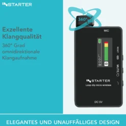 Instarter Lavalier Wireless System Kit 2 - Kabellos für Handy, Tablet, PC - eingebautes Funkmikrofon, 1 Sender, 1 Empfänger, 50 m Reichweite - mit USB-C und 3,5 mm Anschluss