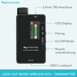 Instarter Lavalier Wireless System Kit 2 - Kabellos für Handy, Tablet, PC - eingebautes Funkmikrofon, 1 Sender, 1 Empfänger, 50 m Reichweite - mit USB-C und 3,5 mm Anschluss