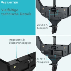 Instarter LED Ringlicht mit Stativ, Ringleuchte 180° schwenkbar, Videoleuchte 60 W mit Bi-Color, flexible Kamera Beleuchtung dimmbar