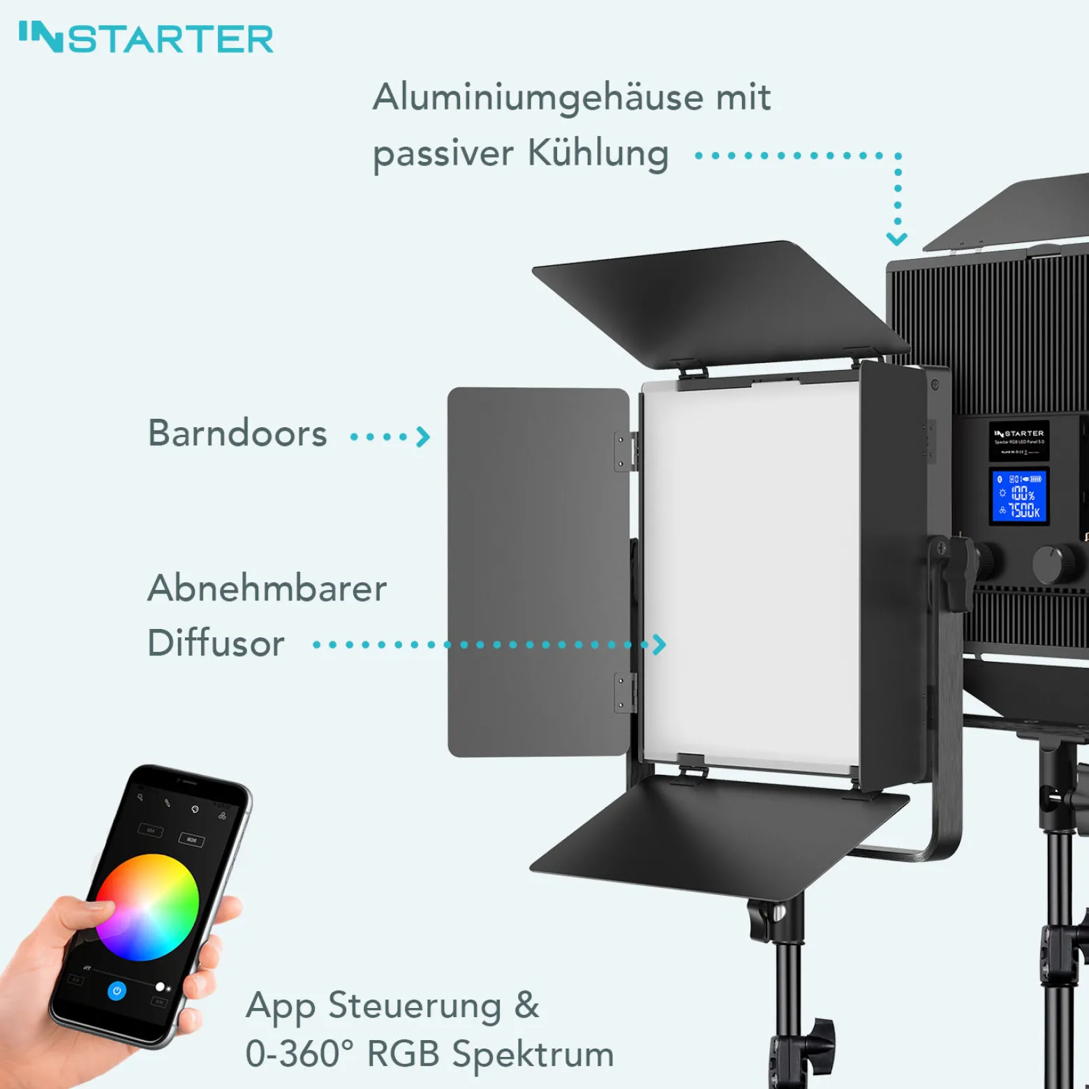 Instarter LED Videoleuchte 60 W, Videolicht mit 360° RGB-Spektrum, Studioleuchte mit App-Steuerung, Video-Beleuchtung Bi-Color, vielseitiges Kamera Zubehör
