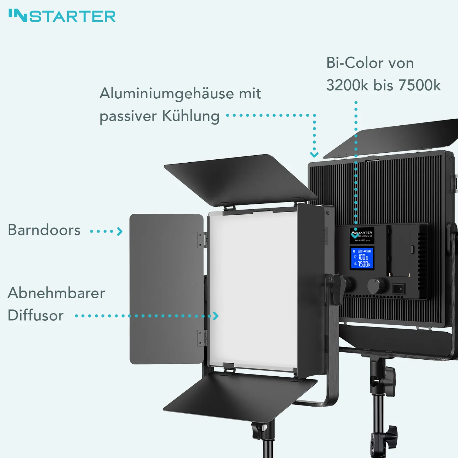 Instarter LED Videoleuchte 60 W, Videolicht 360° drehbar, Studioleuchte mit App-Steuerung, Video-Beleuchtung Bi-Color, Beleuchtung mit 4 Farb-Effekten
