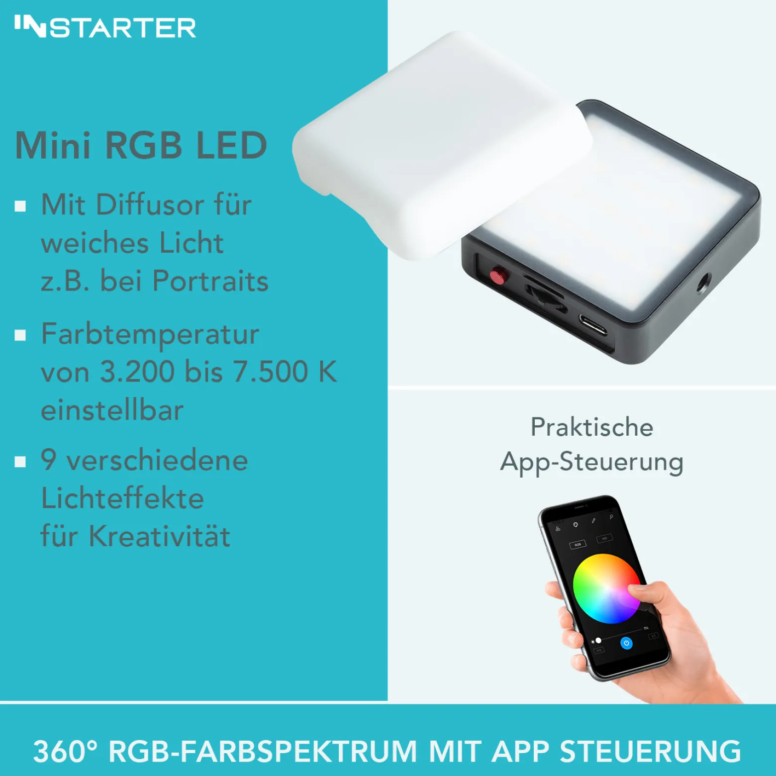 Instarter Mini LED Videoleuchte, magnetische Studioleuchte Magsafe-kompatibel, Kamera Beleuchtung 360° RGB, dimmbares Videolicht