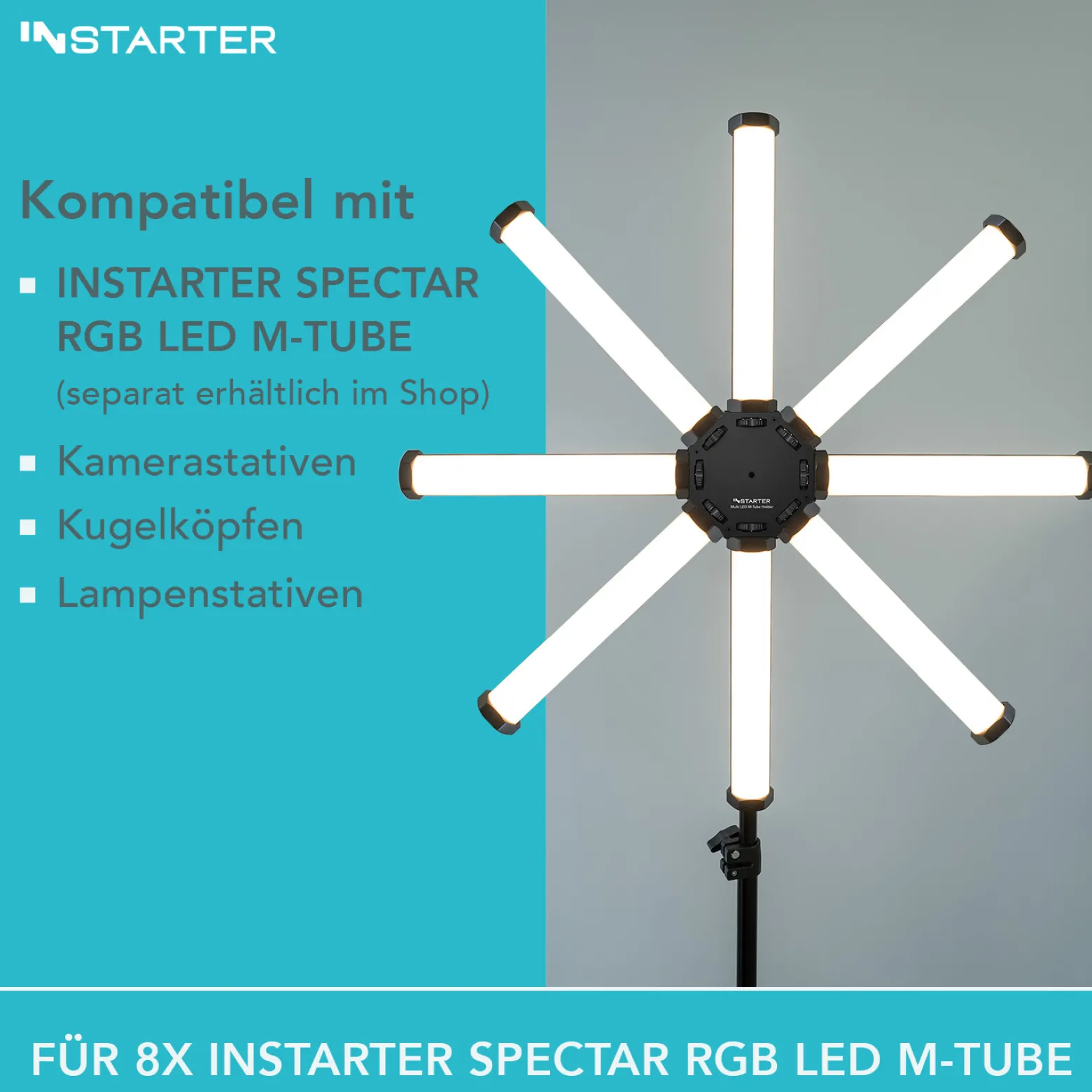 Instarter Multi LED M-Tube Holder achteckige Halterung aus Aluminium für bis zu 8 RGB LED Tubes mit 1/4 Zoll Gewinde