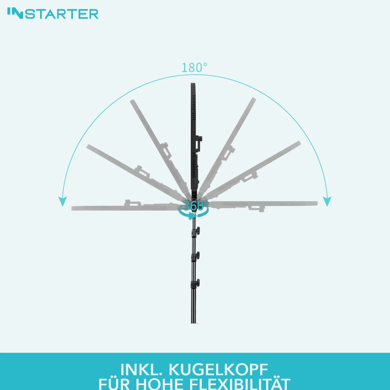 Instarter RGB LED Ringlicht mit Stativ, Ringleuchte 180° schwenkbar, Videoleuchte 60 W mit 360° Kugelkopf, flexible Kamera Beleuchtung dimmbar