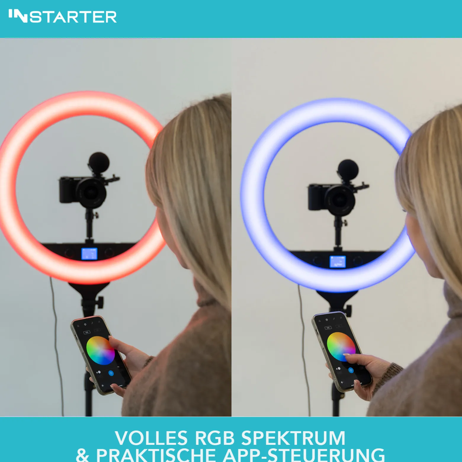 Instarter RGB LED Ringlicht mit Stativ, Ringleuchte 180° schwenkbar, Videoleuchte 60 W mit 360° Kugelkopf, flexible Kamera Beleuchtung dimmbar