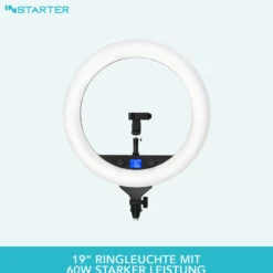 Instarter RGB LED Ringlicht mit Stativ, Ringleuchte 180° schwenkbar, Videoleuchte 60 W mit 360° Kugelkopf, flexible Kamera Beleuchtung dimmbar