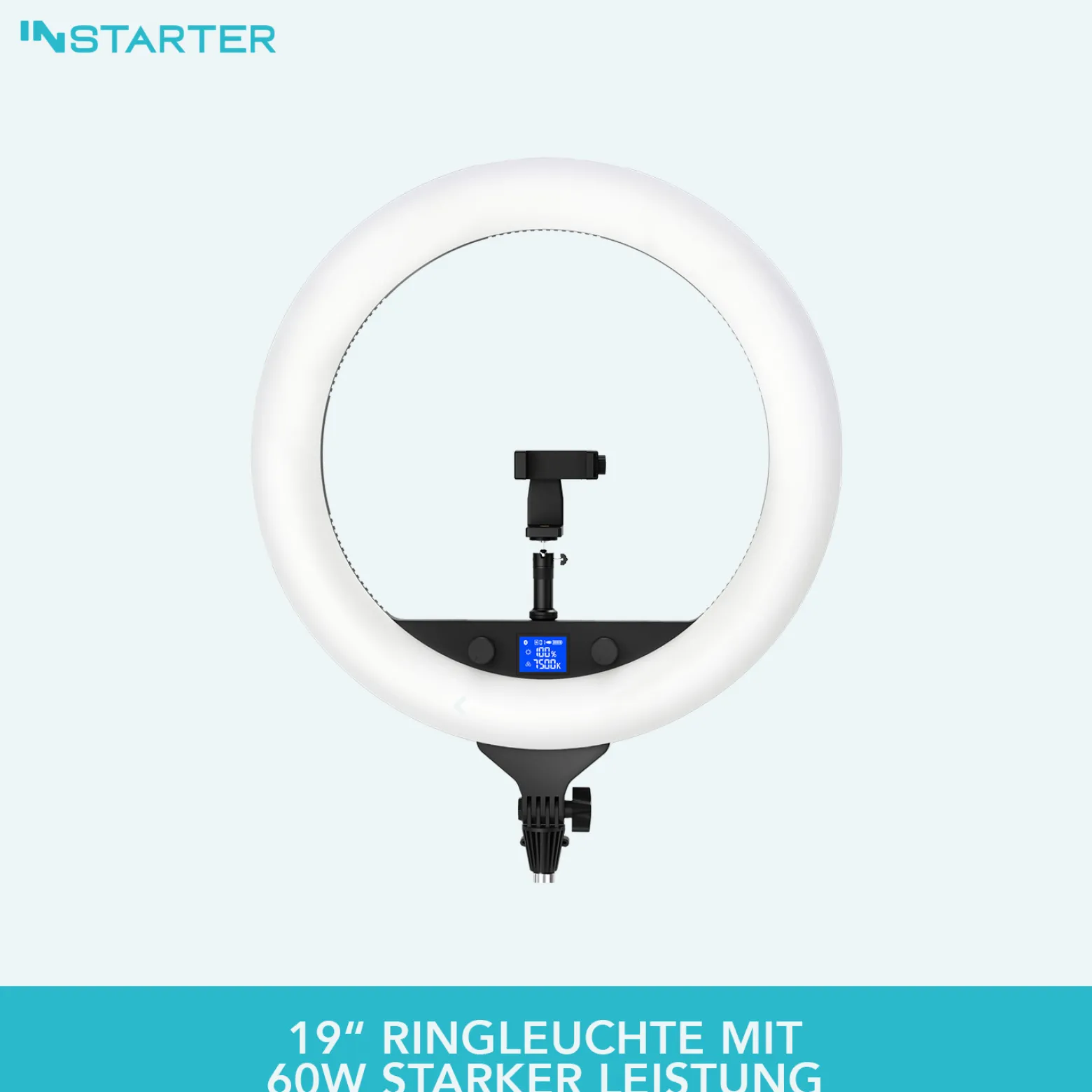 Instarter RGB LED Ringlicht mit Stativ, Ringleuchte 180° schwenkbar, Videoleuchte 60 W mit 360° Kugelkopf, flexible Kamera Beleuchtung dimmbar