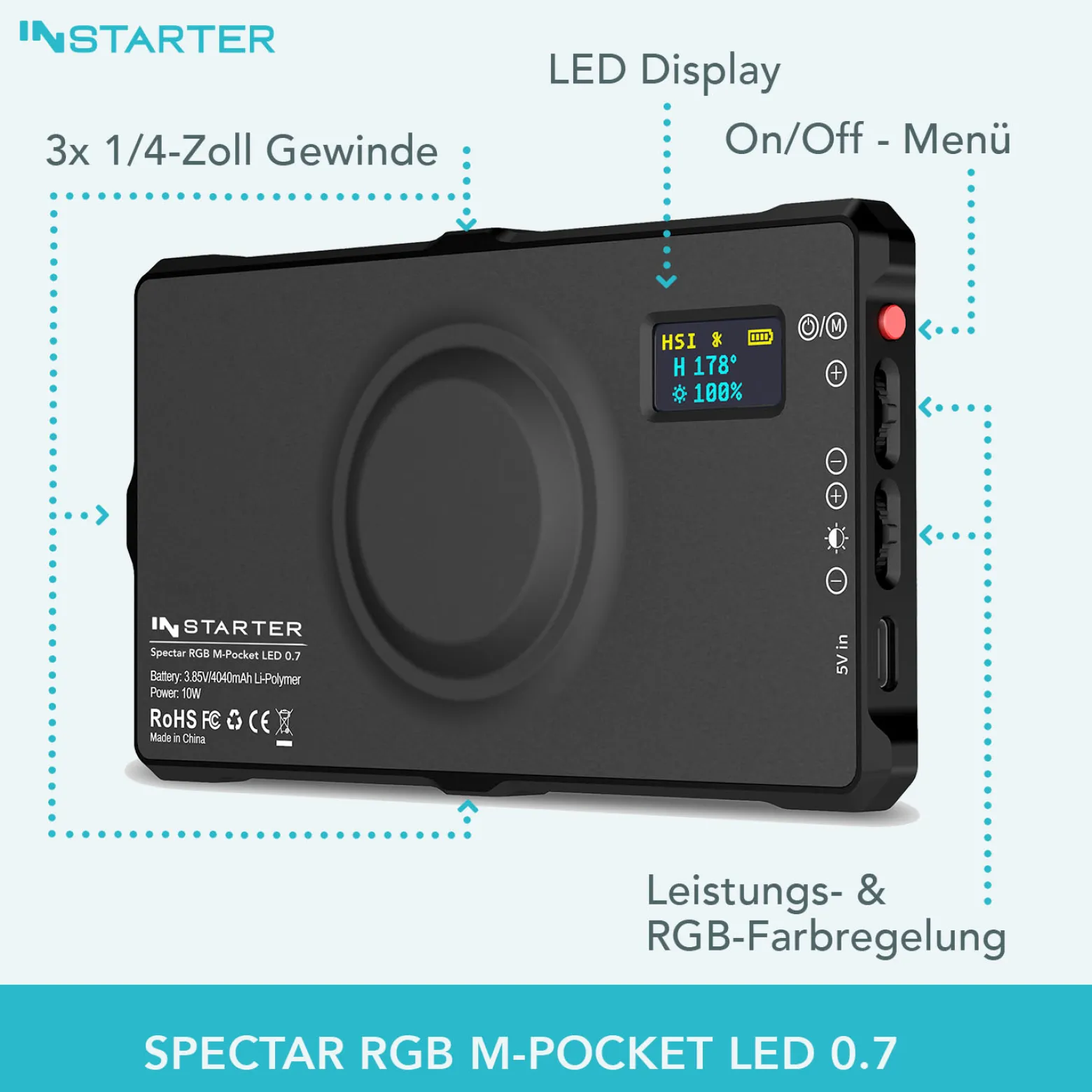 Instarter Spectar LED Videoleuchte, magnetische Kamera Beleuchtung mit Bi-Color, 10 W Videolicht mit Diffusor, Studiolicht mit Powerbank-Funktion